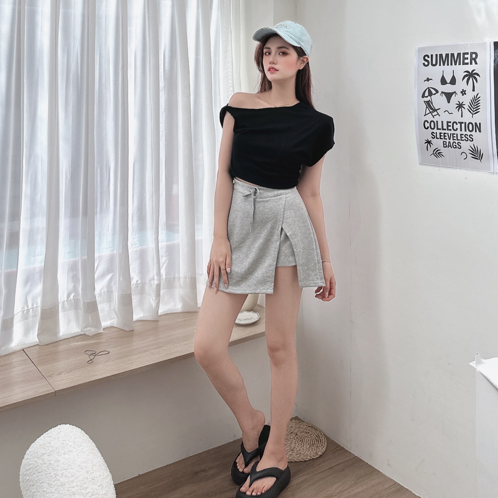 莫代棉不對稱短袖上衣/四色