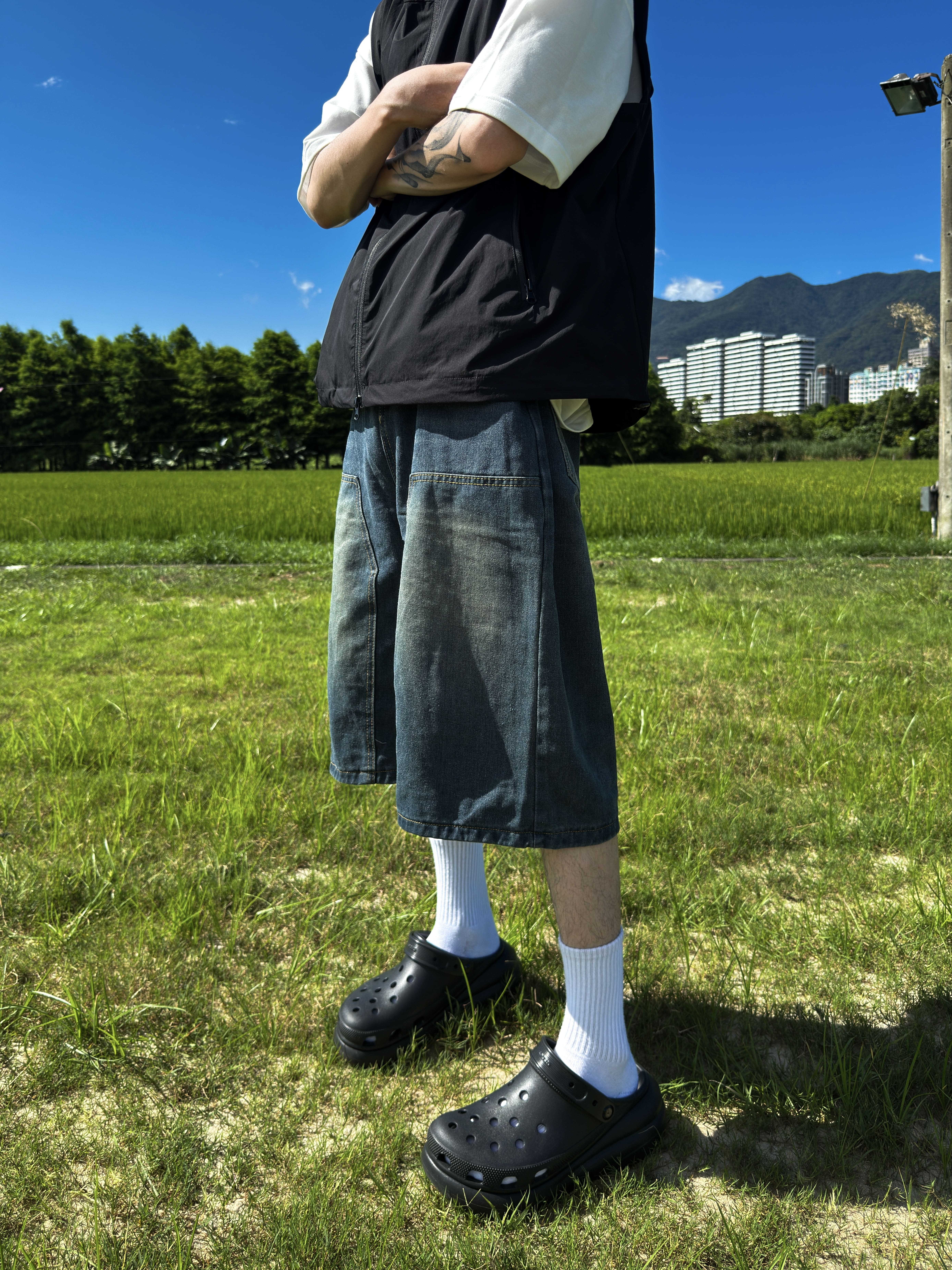 (現貨)質感復古刷色 牛仔七分褲