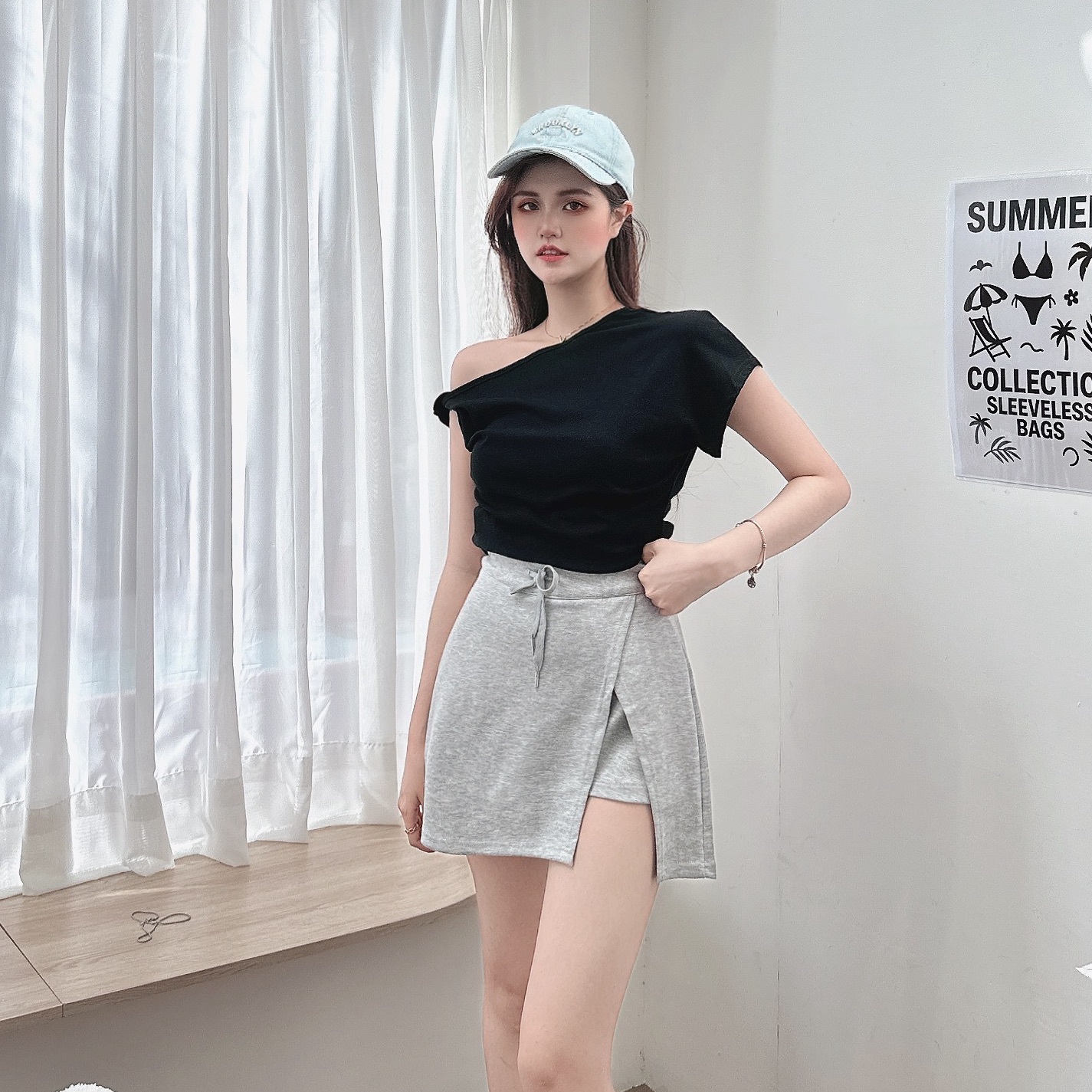 莫代棉不對稱短袖上衣/四色