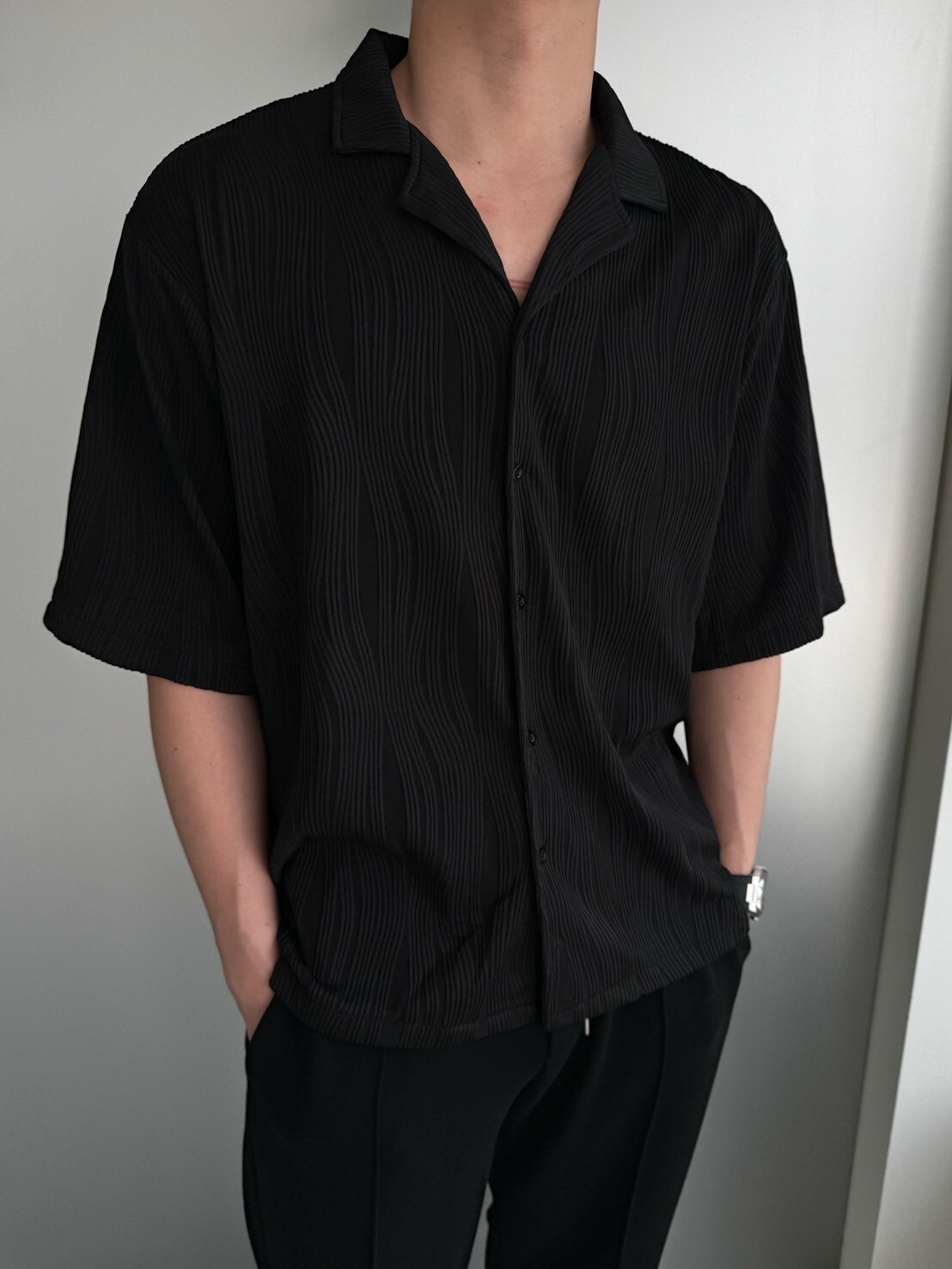 [1atm]  曲線-立體百褶開襟襯衫