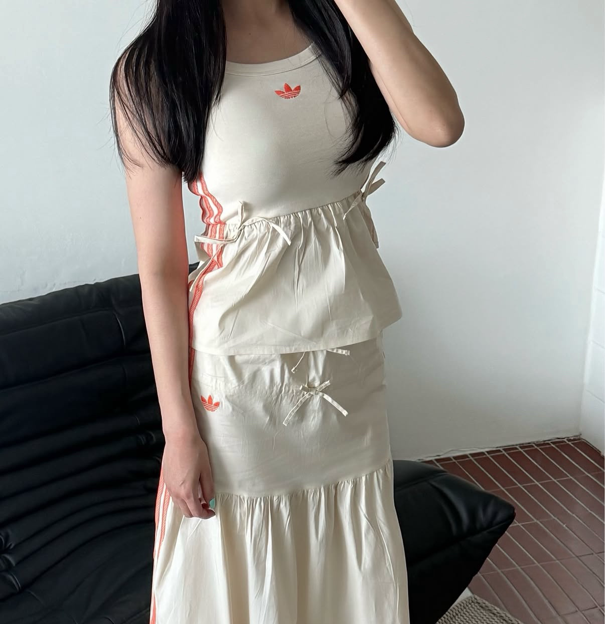 Adidas Summer Glow 奶油橘 螢光橘 編織 抽繩 背心 無袖 皺摺 長裙 套裝 女款 KC0765 KC0768/預購