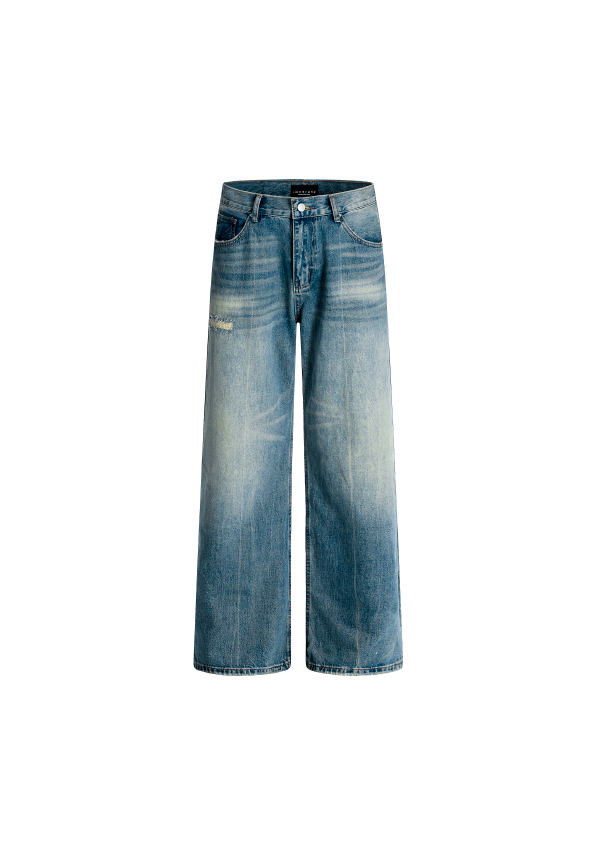 - SIMPLEACTION - 美式復古貓鬚破洞直筒牛仔褲