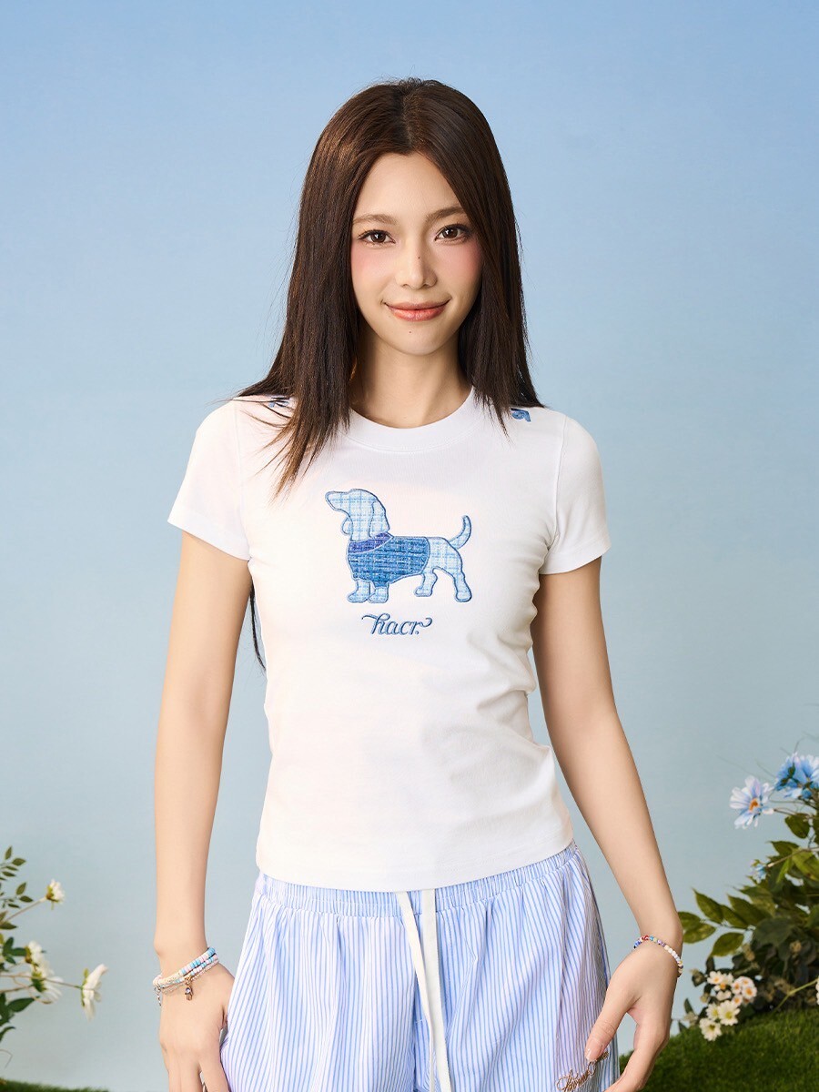 harsh and cruel 2025SS 小香風 刺繡臘腸狗 短版 短袖