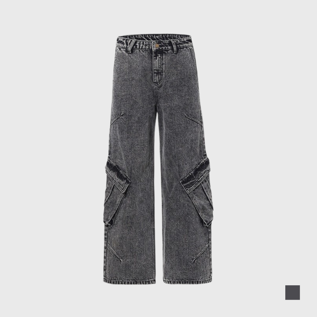 斜口袋設計直筒牛仔褲