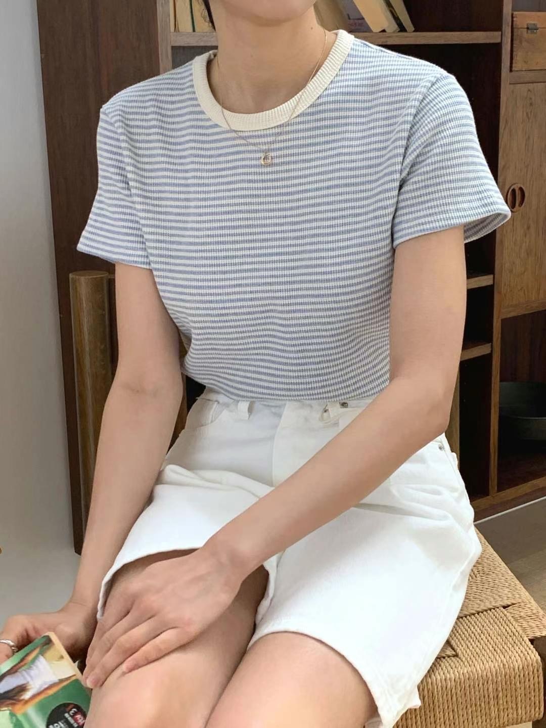 Waffle pattern striped tee