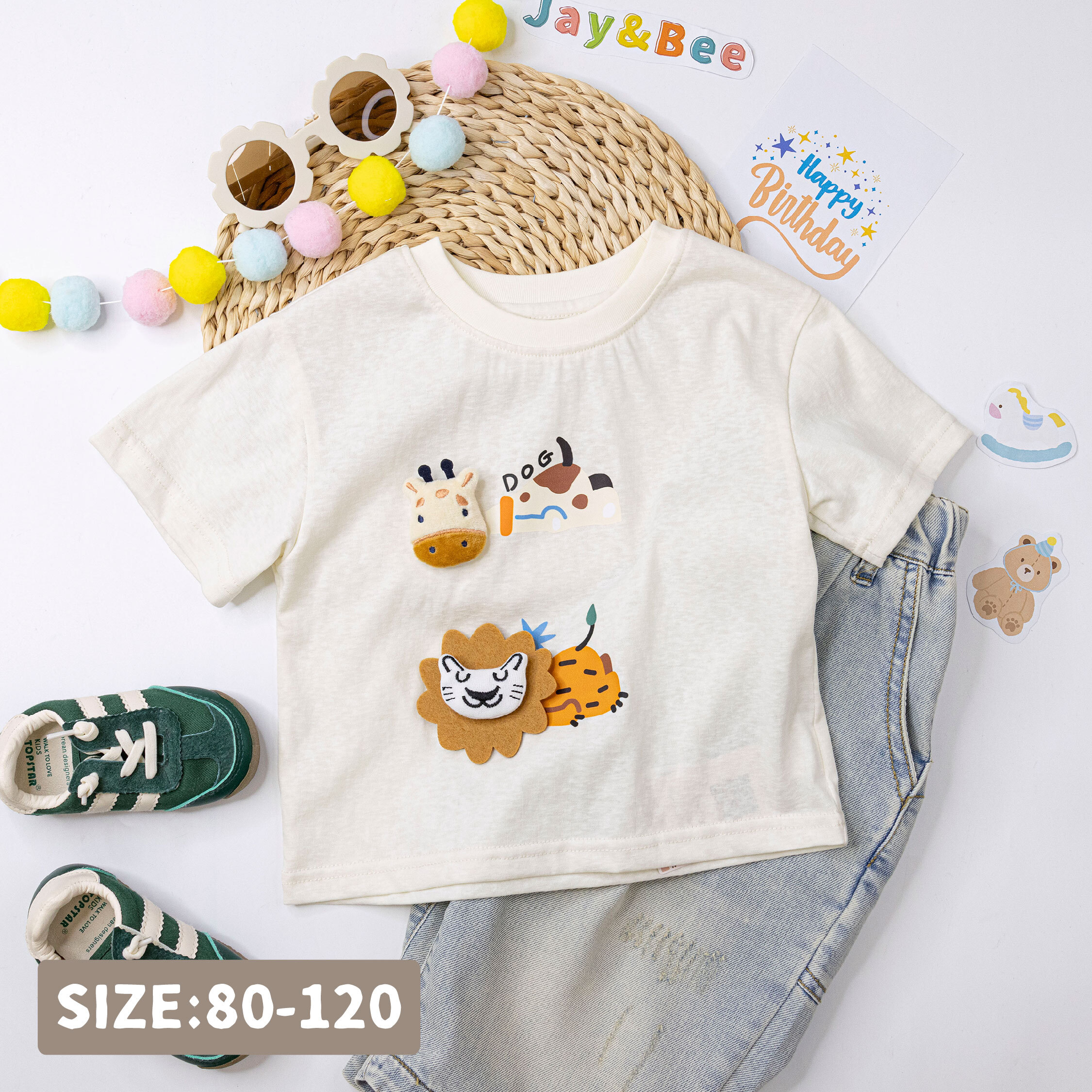 【H50259】慵懶牛牛與獅子立體圓領上衣/短T