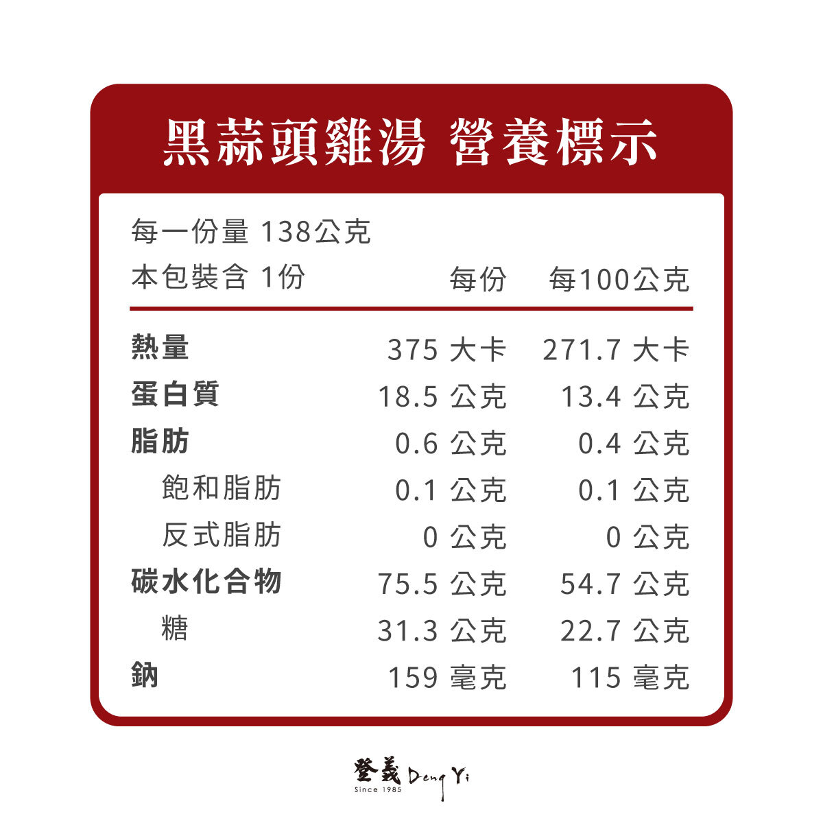 登義黑蒜頭雞湯營養標示