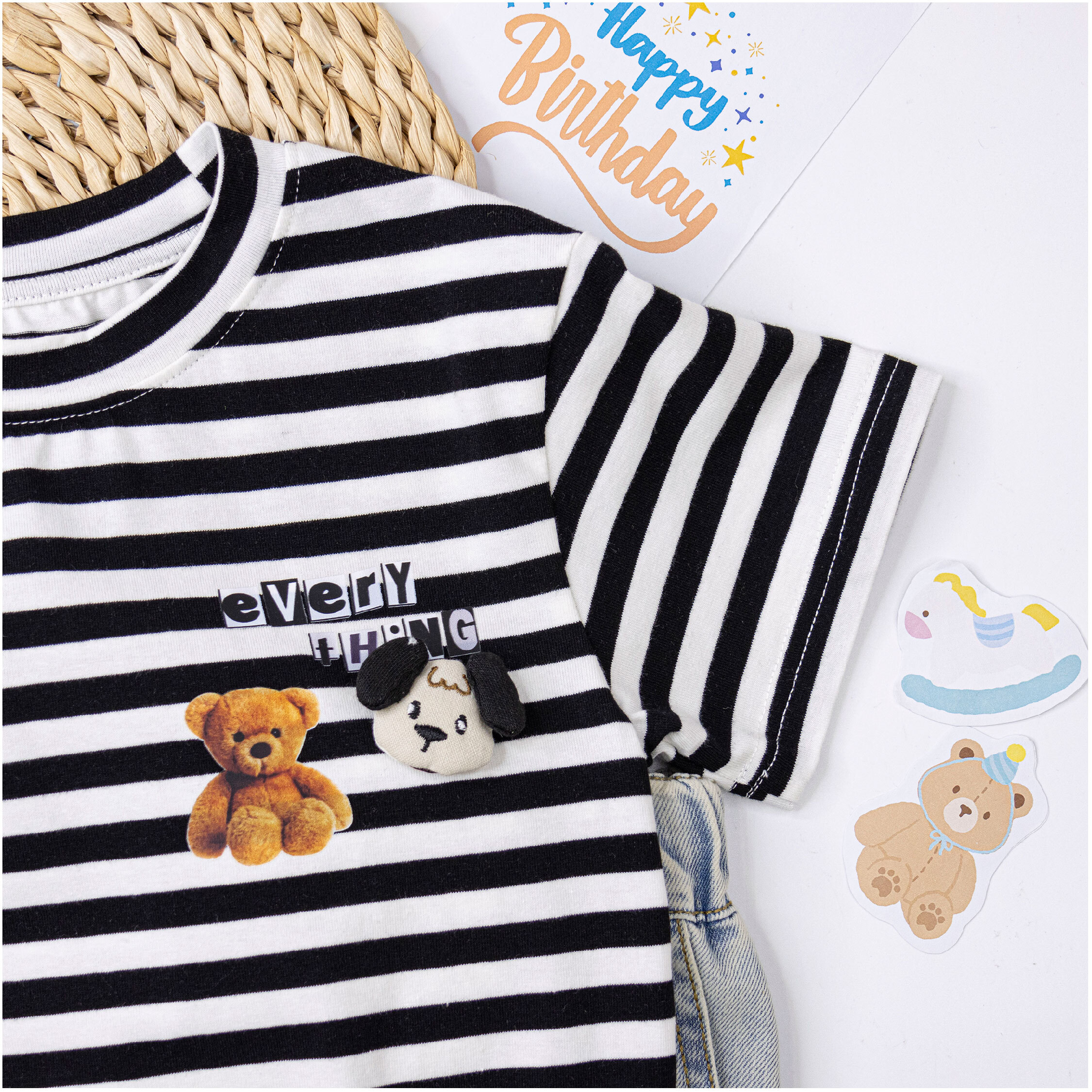 【H50257】狗狗與熊玩偶條紋圓領上衣/短T