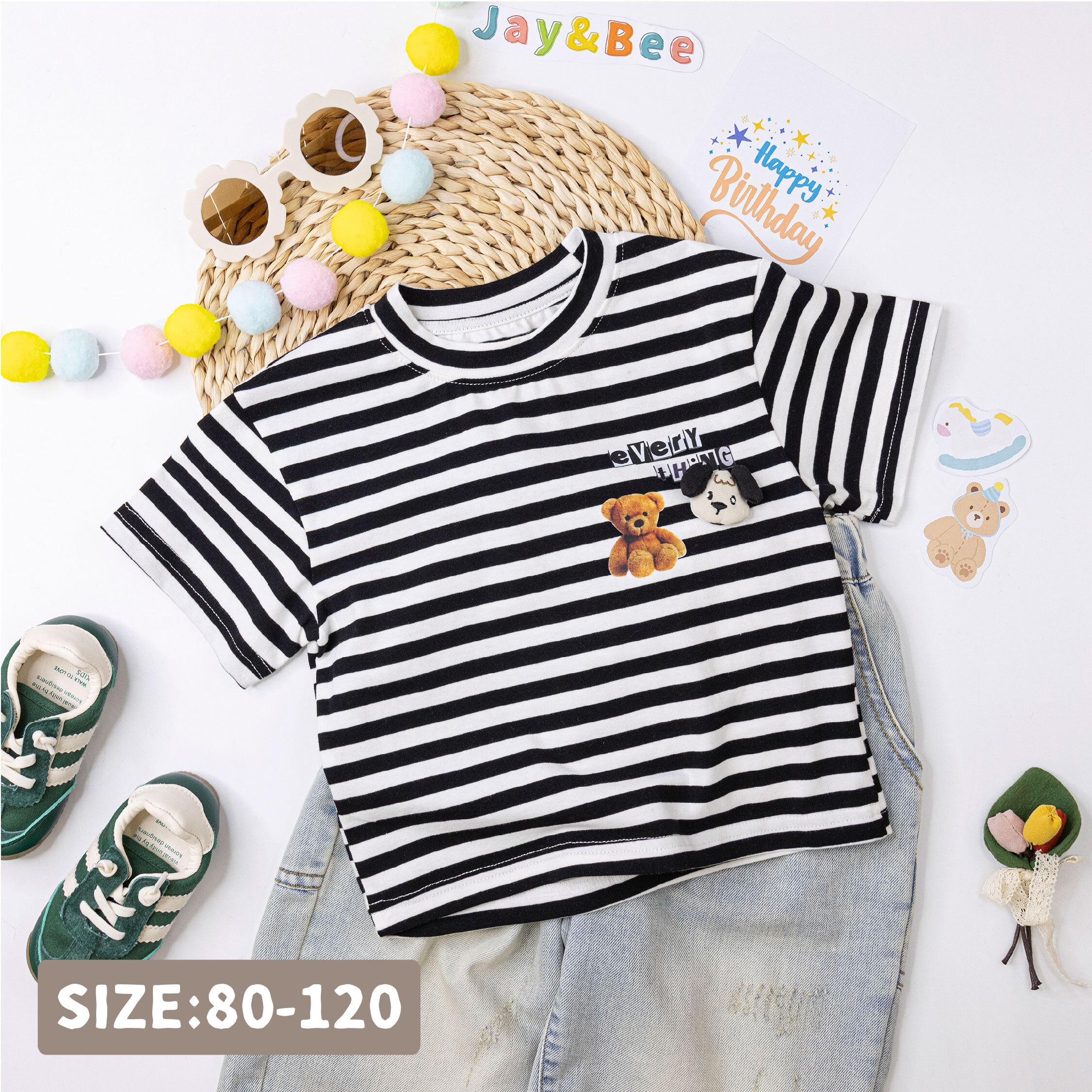 【H50257】狗狗與熊玩偶條紋圓領上衣/短T