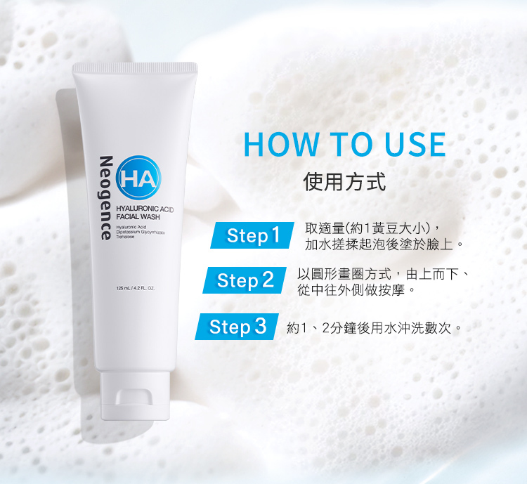 使用方式,第一步:取適量(約1黃豆大小),加水搓揉起泡後塗於臉上。第二步:以圓形畫圈方式,由上而下、從中往外側做按摩。第三步:於1到2分鐘後用水沖洗數次。