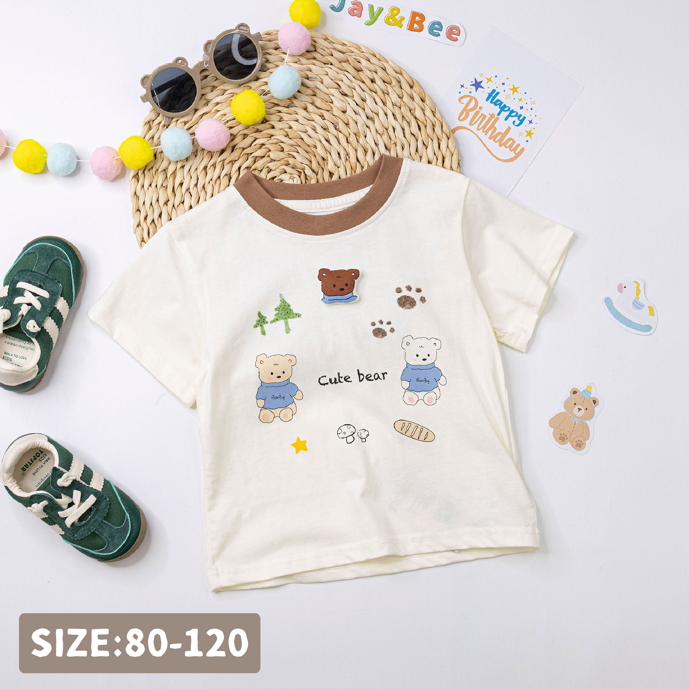 【H50288】森林麵包熊熊立體圓領上衣/短T