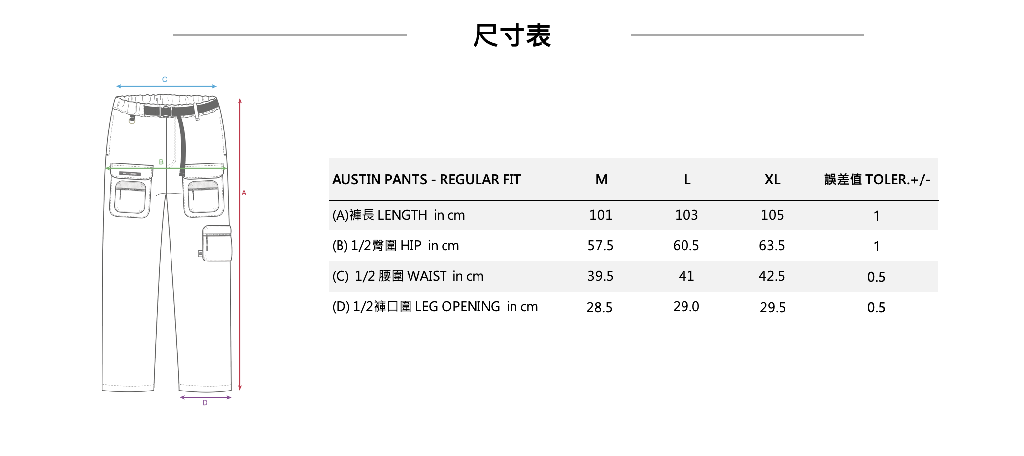 Austin Pants 中性款工裝機能長褲-size chart