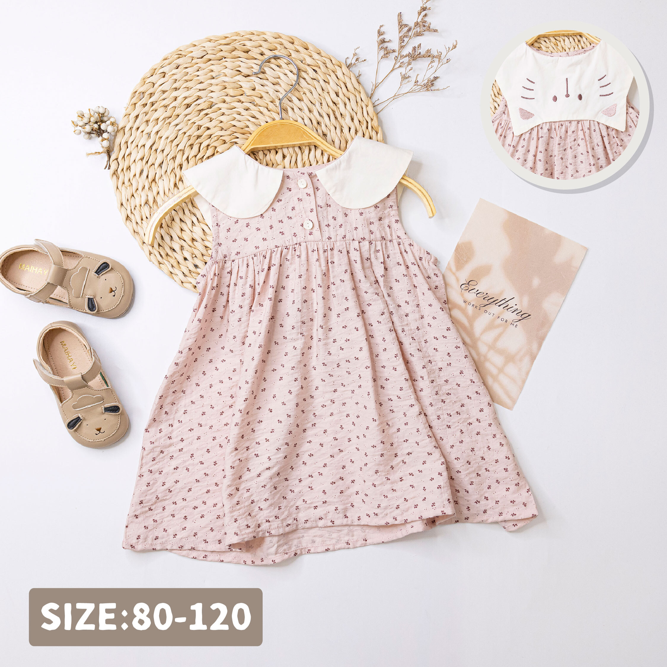 【H50586】可愛貓貓滿版碎花無袖洋裝