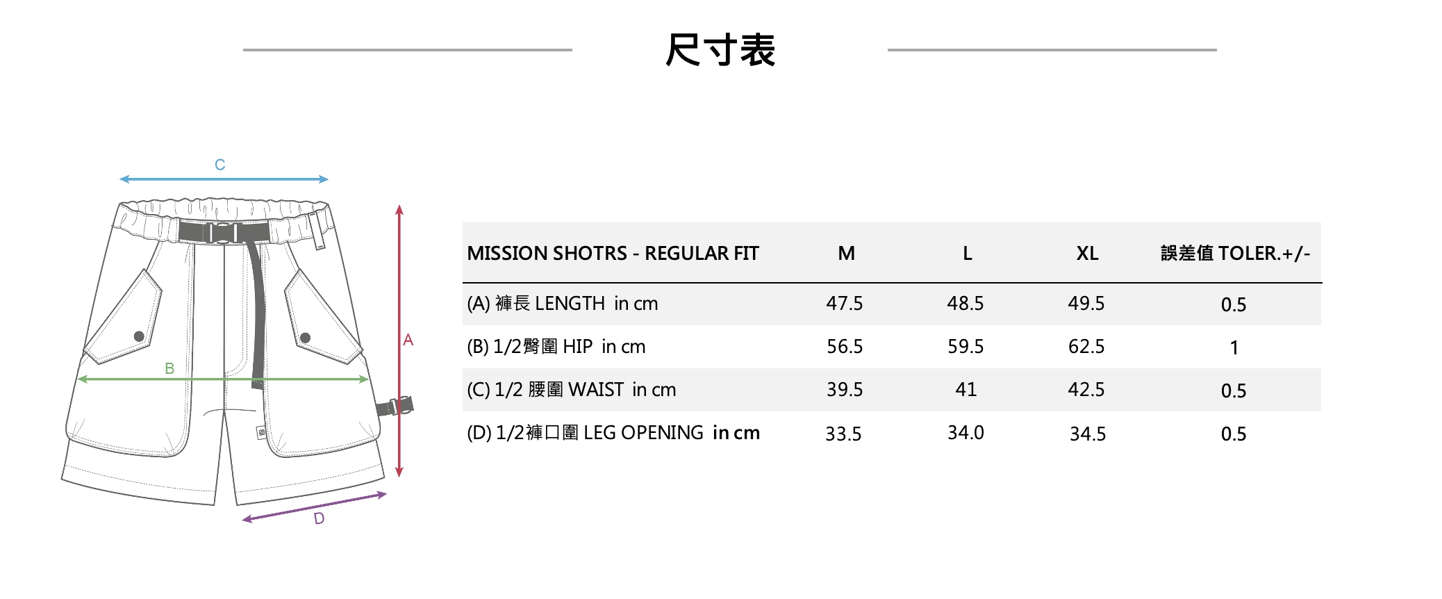 Mission Shorts 中性款工裝側口袋短褲-SIZE Chart