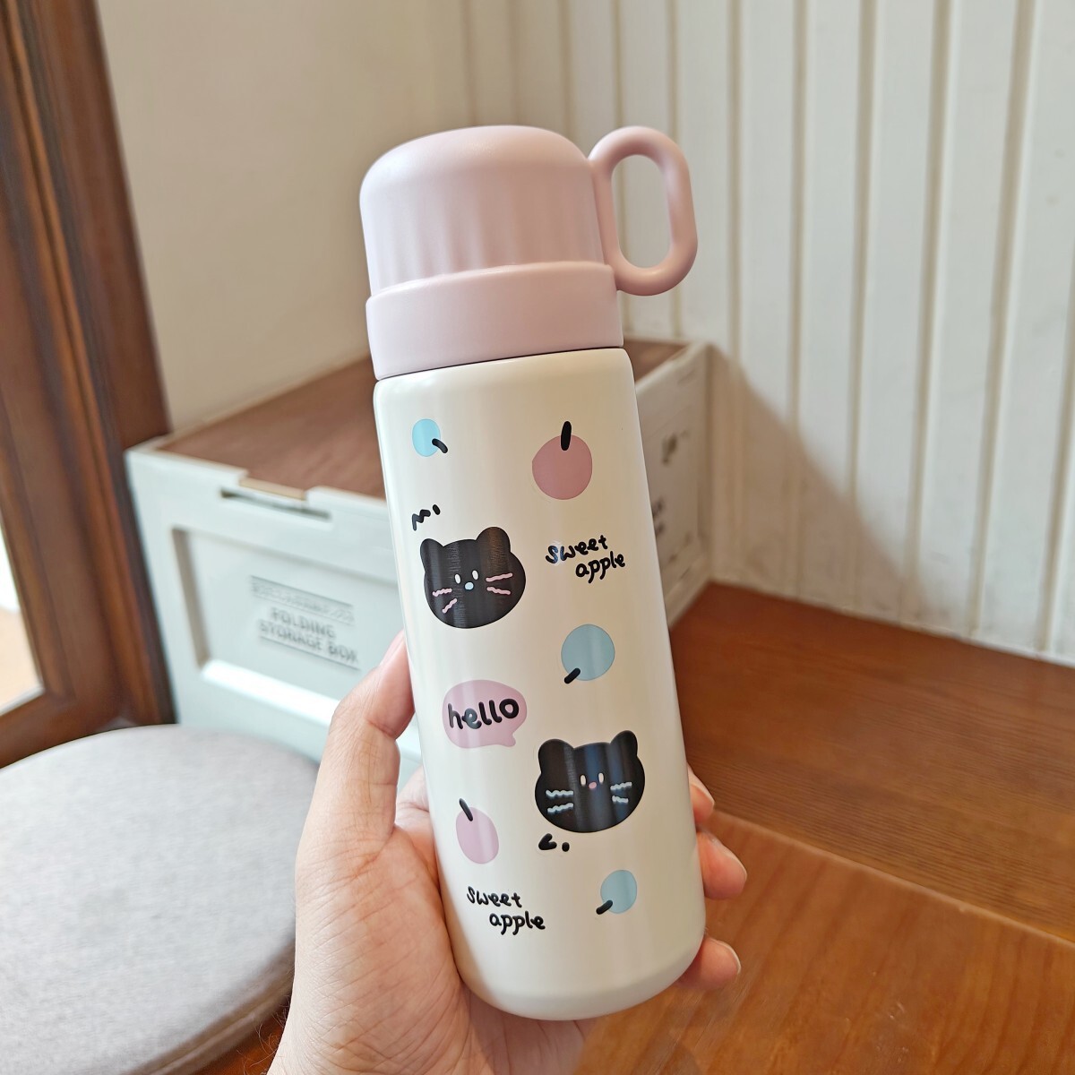 500ML Cute Black Cat Stainless Steel Tumbler with Pink Lid