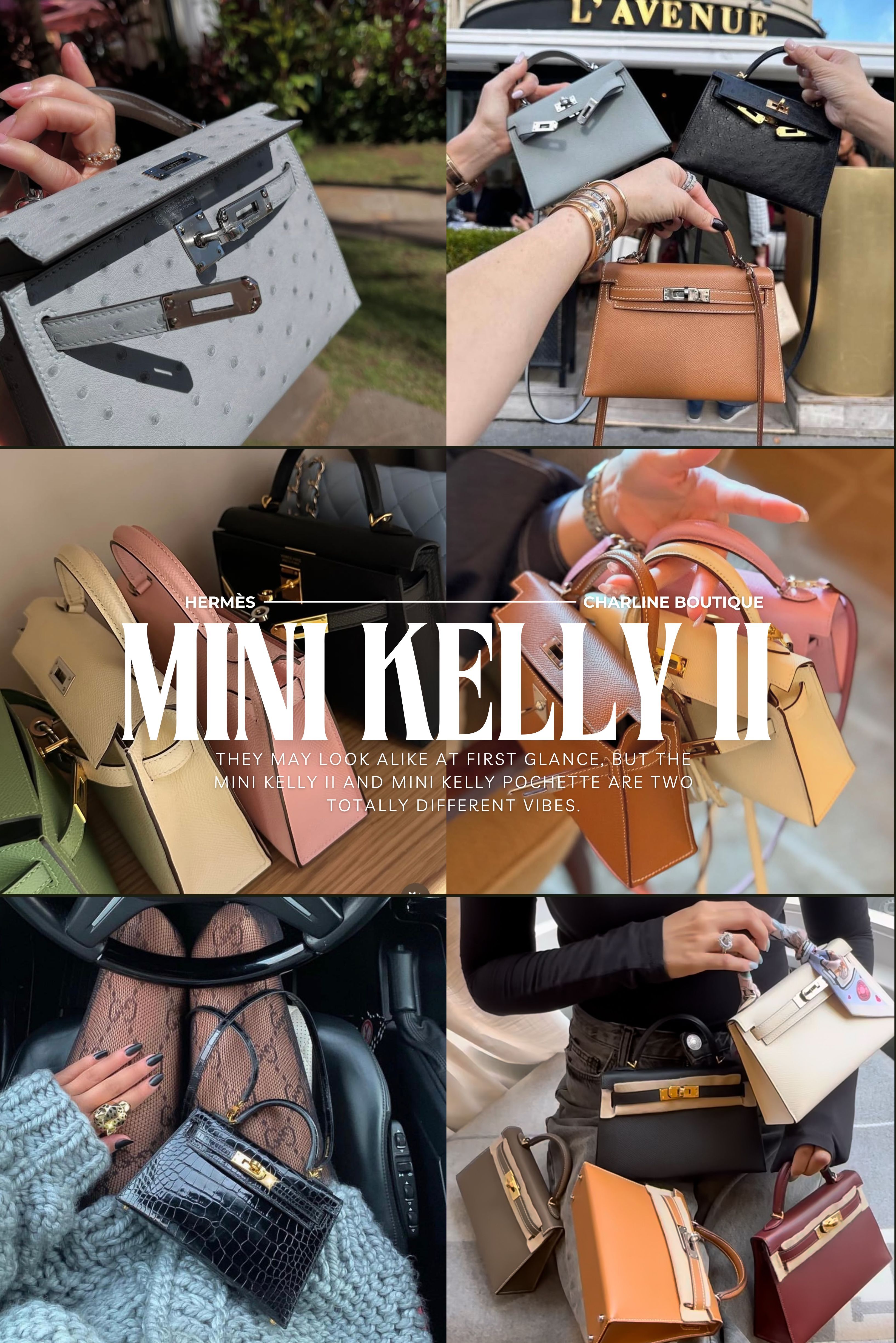 Mini Kelly II   真正令迷你凱莉包在拍賣場上大放異彩的，非 Mini Kelly II 莫屬，此包款於 2016 年正式推出，再流行市場上大家也俗稱「Mini Kelly二代」，尺寸約 19cm × 寬 6cm × 高 12cm，Mini Kelly II 立即成為拍賣場與媒體矚目的焦點。外觀比一代來說，立體感更強，比例也更方正完整，提把部分則採用使用金屬環連接，加上包身具有可拆式背帶的設計，不僅僅提升實用度，底部配備的四顆金屬底釘，更提升了包包本身的保護力與精緻感。Mini Kelly二代主要採 Sellier 外縫線設計，因此以Epsom皮革最為常見，稀有皮革當然也有推出，包括鱷魚皮及鴕鳥皮等。容量部分雖然比起一代雖然小很多，但可愛的外觀加上可手提可肩背的多功，依舊讓很多人為之瘋狂！    如果說 Kelly 是 Hermès 皇室的象徵，那麼 Mini Kelly II 與 Mini Kelly Pochette，無疑就是兩位風格迥異的公主。Mini Kelly II 就像是一位兼具實用與優雅的巴黎女子。簡直就是現代女性最實用的小包之一。不管是一代或是二代的迷你凱莉，在現在這個手機就能搞定一切的時代，都是非常值得擁有的單品之一。