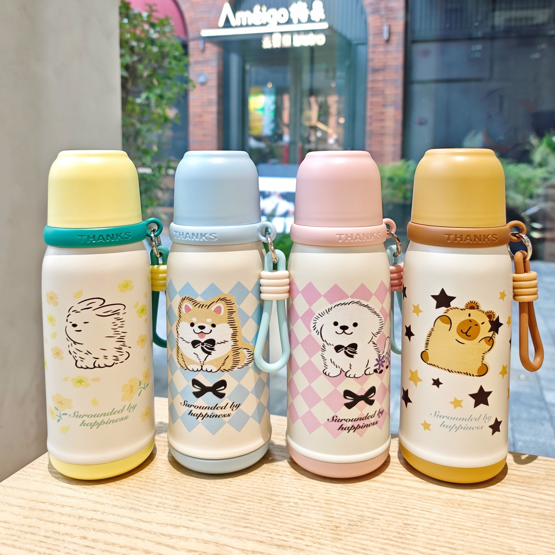 600ML Cute Cartoon Stainless Steel Tumbler with Lid & Strap