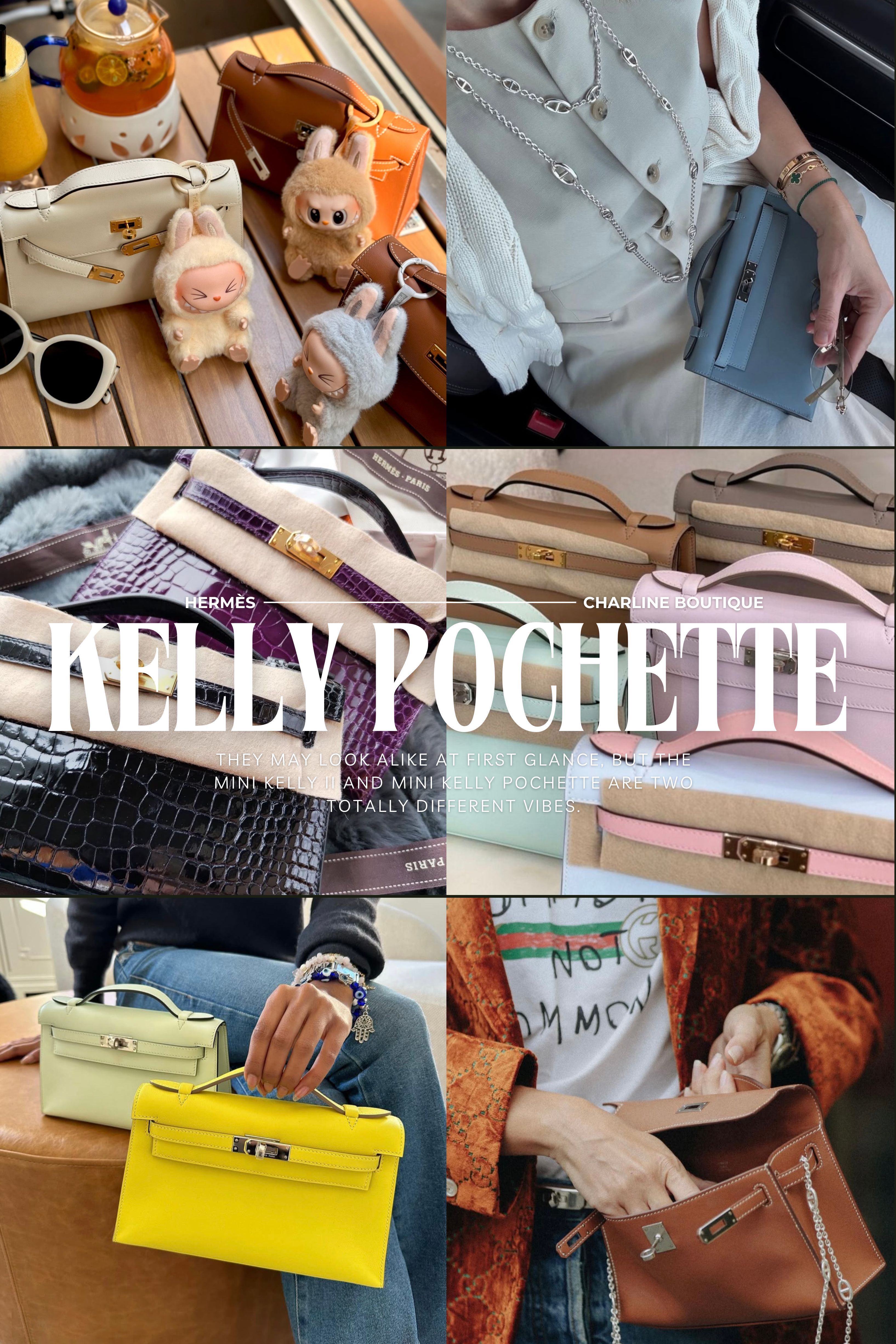 Kelly Pochette   首先先從Kelly Pochette 介紹起，Kelly Pochette也就是我們常常俗稱的「Mini Kelly 一代」，這款包款問世於 2004 年秋冬，，尺寸約長約 22cm × 寬 7cm × 高 12.5cm，由當時任愛馬仕創意總監 Jean Paul Gaultier 設計推出。他擅長重構經典，並為 Hermès 注入一種獨有的摩登氣質。包身扁平、線條簡潔，整體像是優雅的小信封包，提把部分則是採用皮革穿孔抽拉設計，並沒有背帶的設計，在底部也捨棄了Kelly包一貫有的金屬底釘，因此重量變得更輕，更為實用。也是從那時起，這款優雅手拿包便成為迷你包領域不可撼動的存在。在材質上普皮以 Swift 及馬鞍皮最為常見，稀有皮革則是無論鱷魚皮、蜥蜴皮甚至是鴕鳥皮都有推出。另外值得一提的是，近期隨著改造包包的熱潮，更是有人在包內部放了一個夾層，讓我們可以自行加上Hermès 的編織背帶，或是利用絲巾等增加斜背的功能，以至於近期Kelly Pochette受歡迎的程度有超過了Mini Kelly二代的趨勢，非常推薦給喜歡自行改造包包的您！