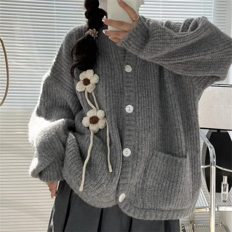 Korean Style 3D Floral Knit Cardigan for Fall & Winter