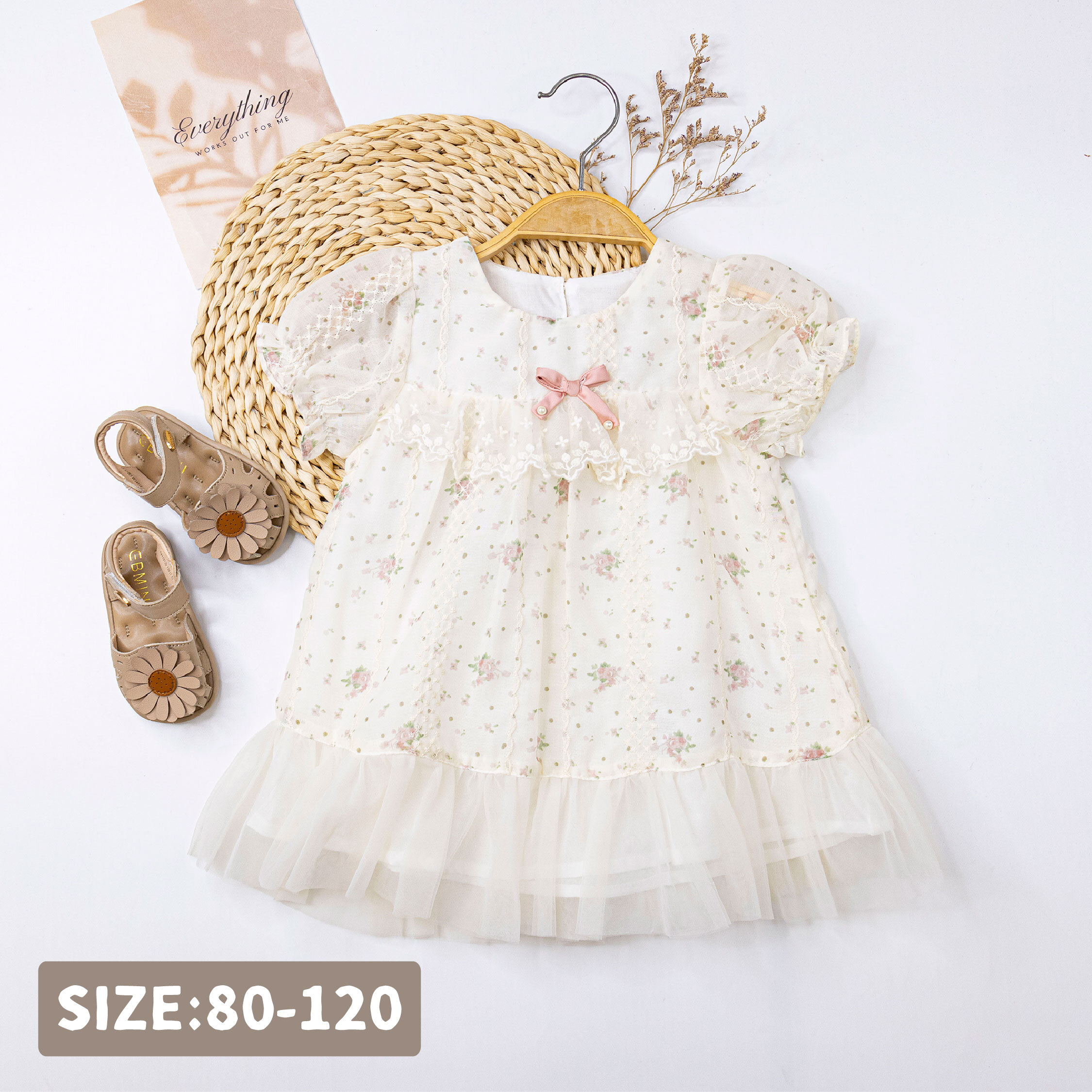 【H50582】歐式碎花蕾絲設計蝴蝶結洋裝