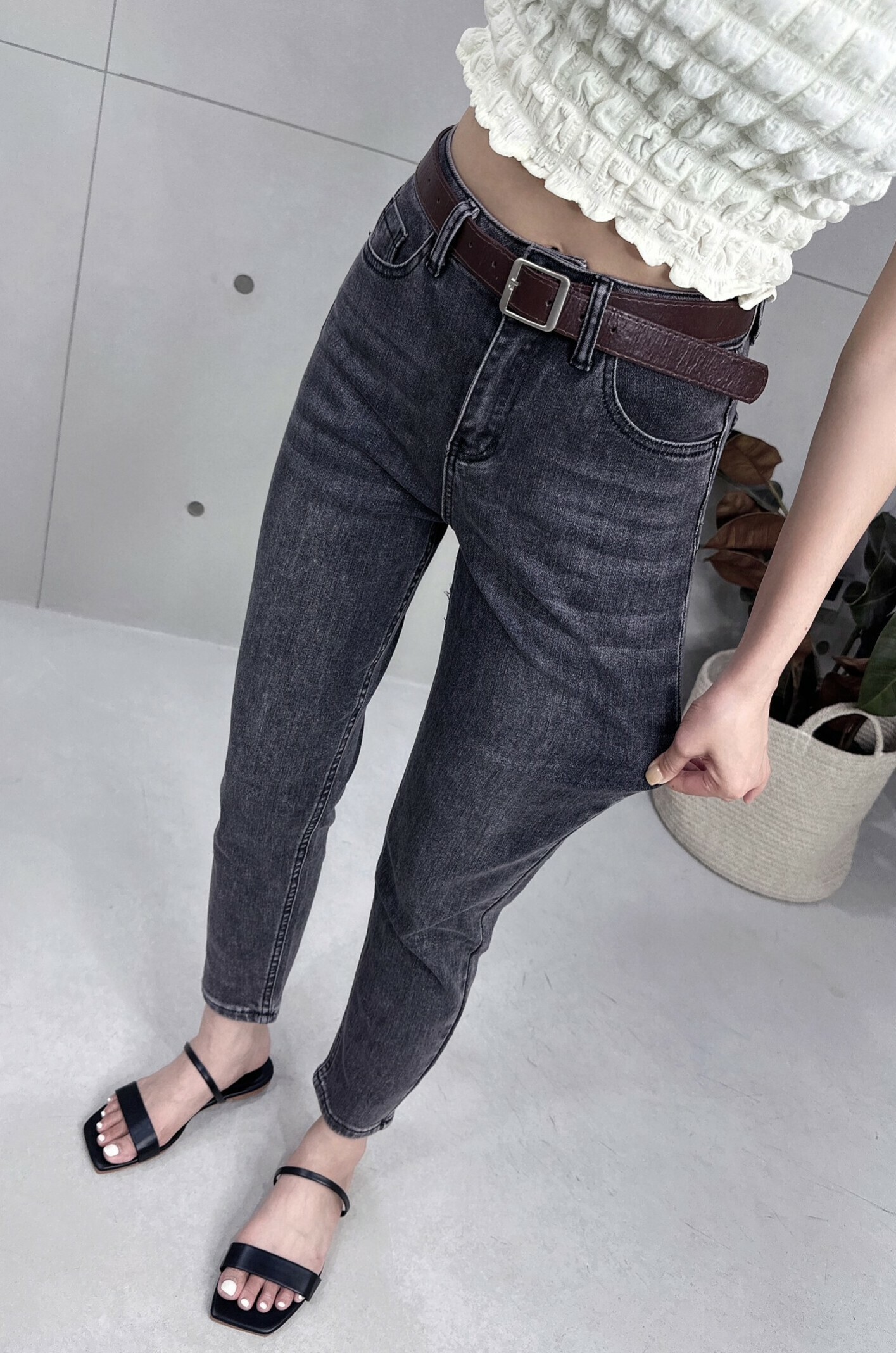 附皮帶彈力牛仔直筒褲 3591*