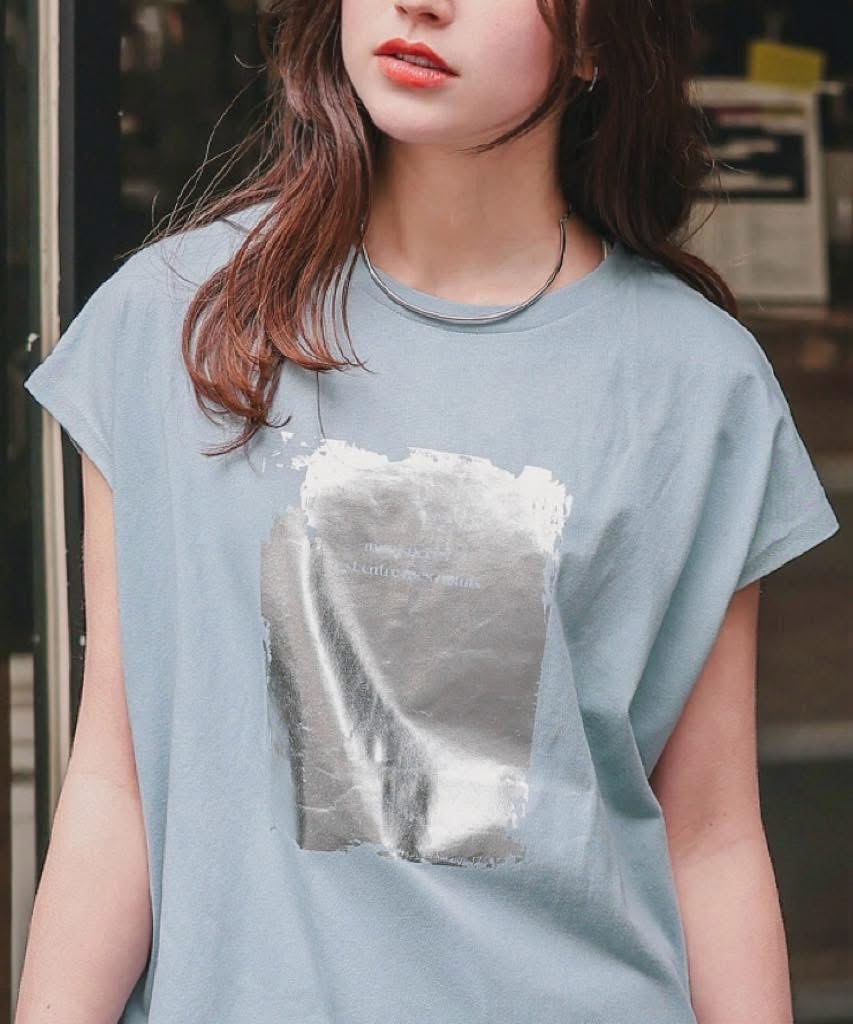 titivate 箔プリントフレンチスリーブTシャツ藍M（AFXT0365）