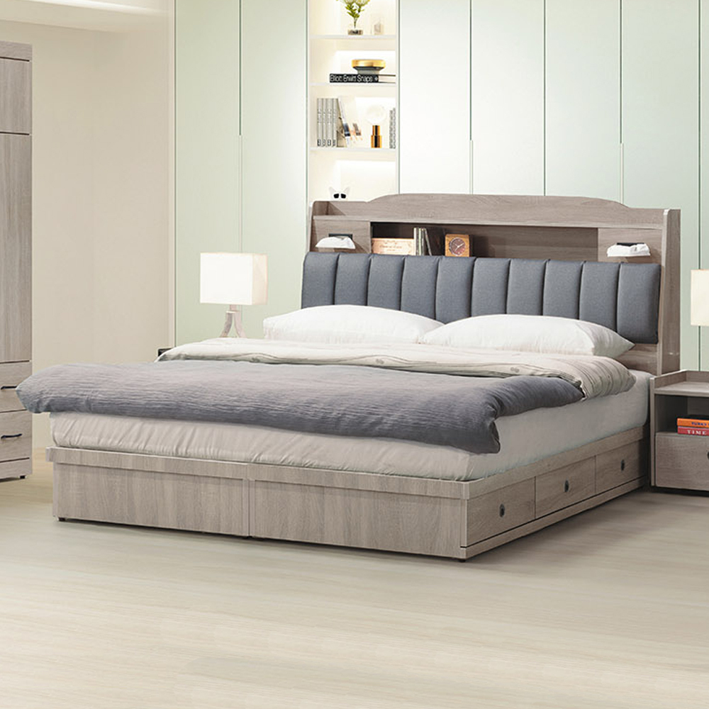 班萊6尺工業風雙人加大抽屜床組(耐磨皮革收納床頭箱-附USB插座+三抽收納床底-不含床墊)