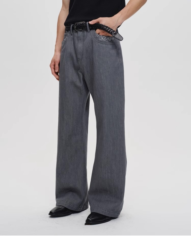 CATSSTAC 永生花刺繡灰牛褲