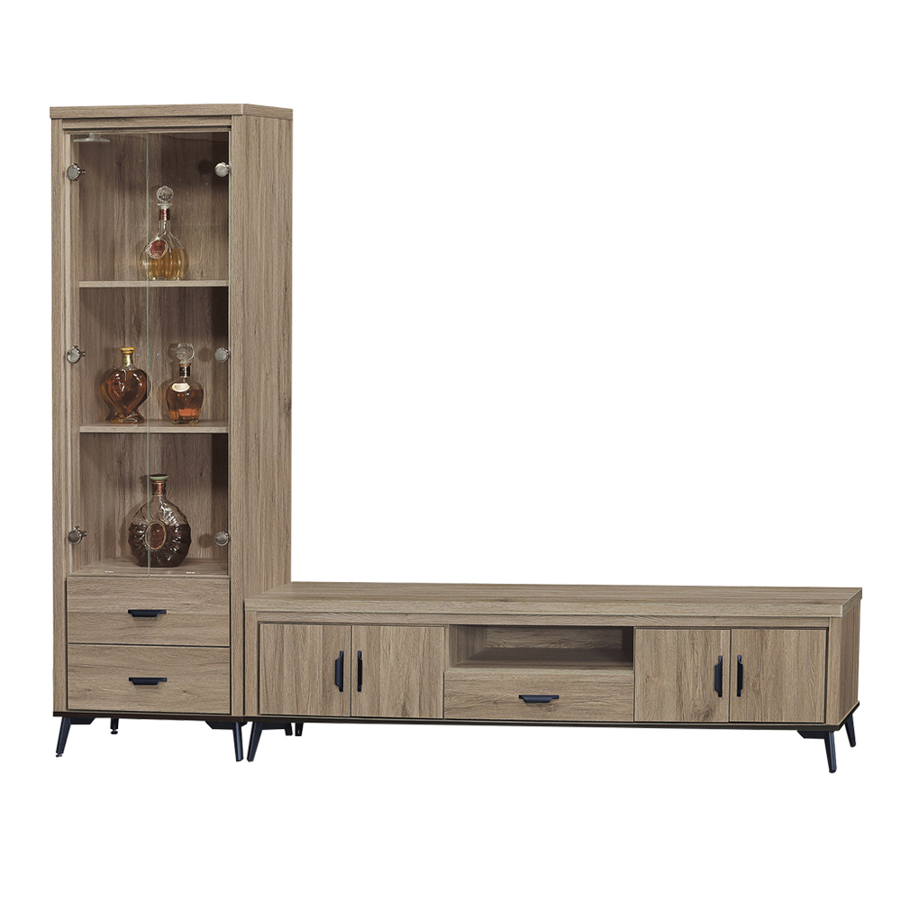 路菲8尺工業風L型電視櫃(2尺玻璃門二抽展示櫃+6尺長櫃)