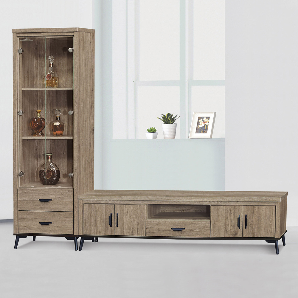 路菲8尺工業風L型電視櫃(2尺玻璃門二抽展示櫃+6尺長櫃)