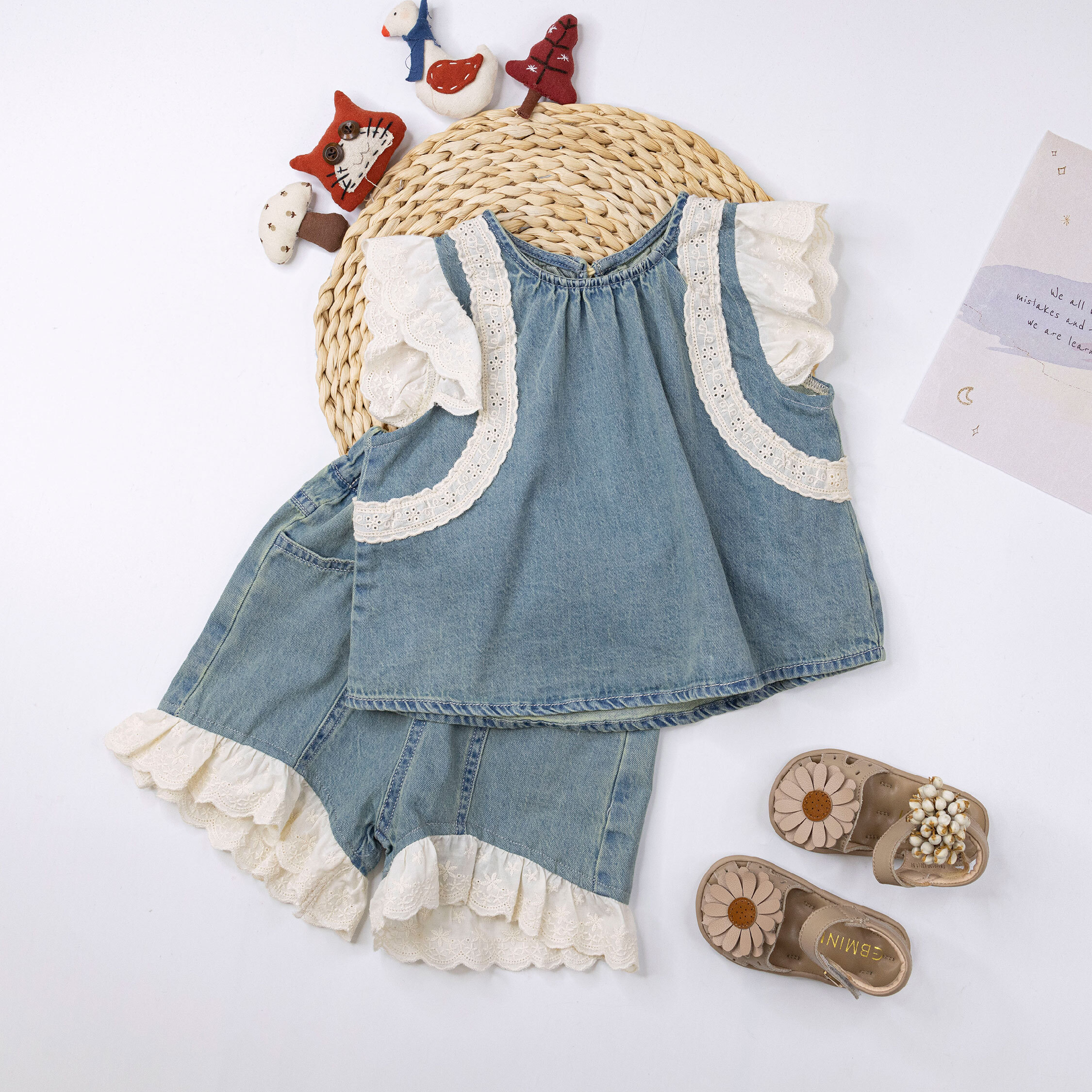 【H50560】氣質緹花刺繡舒適單寧套裝