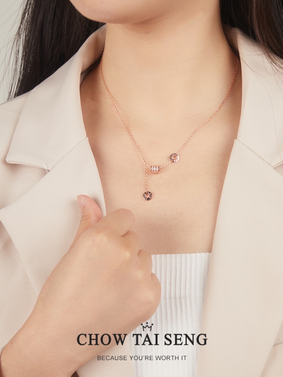 周大生 S925銀 鑲鑽 轉運 鎖骨鏈