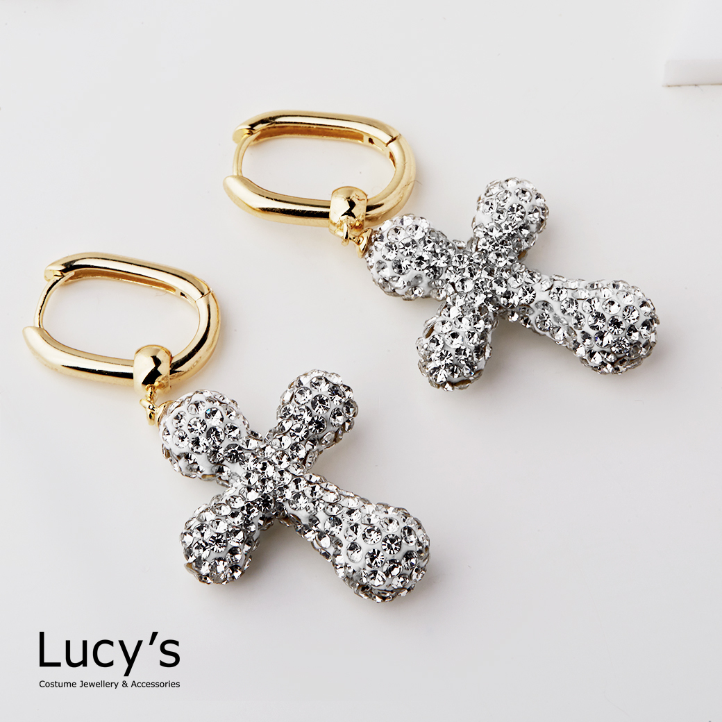 滿鑽十字架 易扣耳環 (123648)