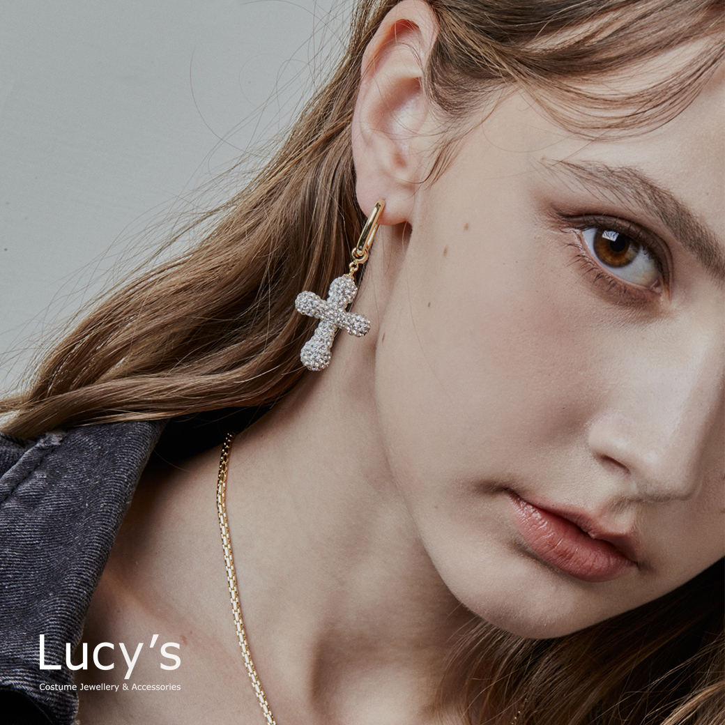 滿鑽十字架 易扣耳環 (123648)