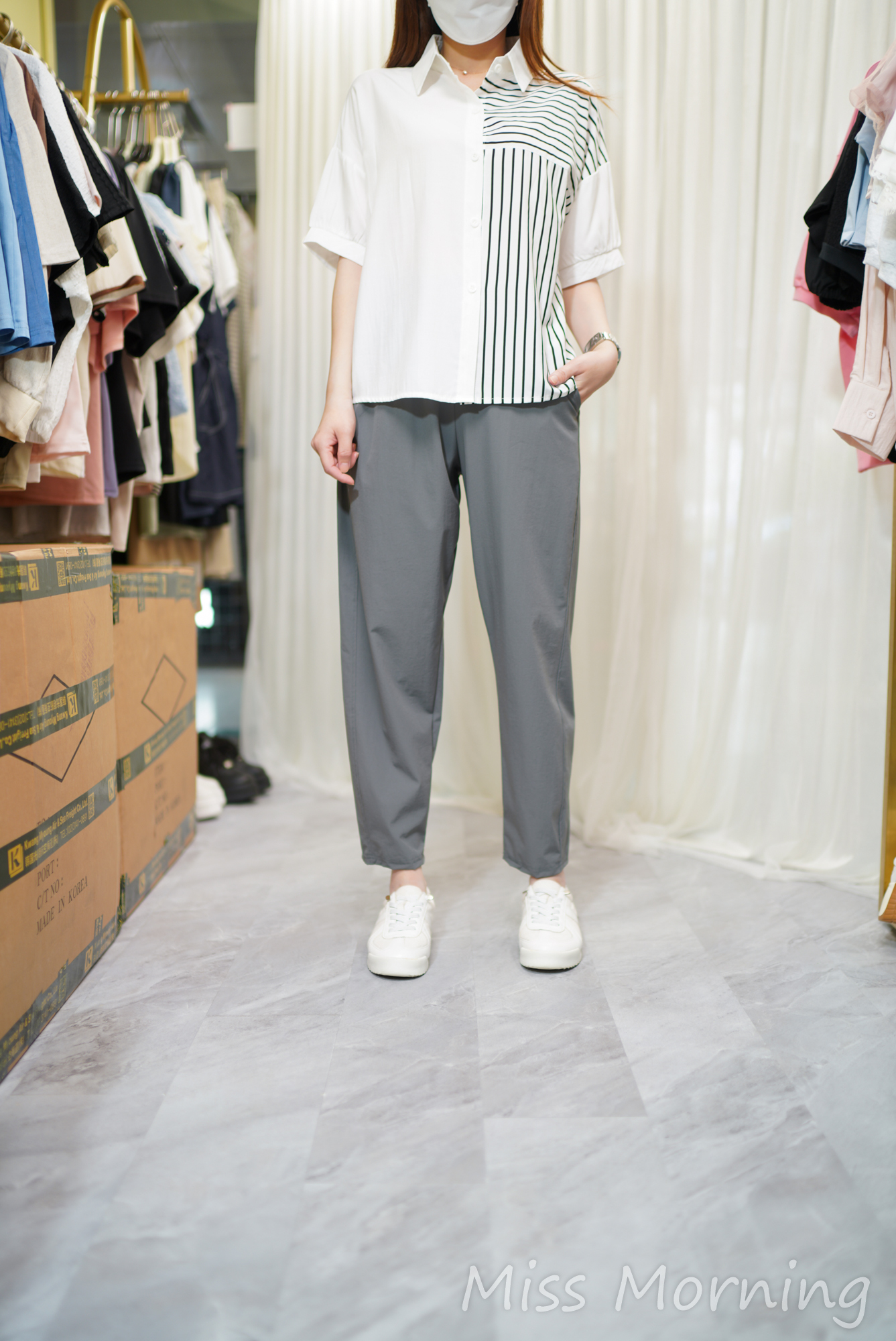 簡約拼條免燙雪紡衫(14649)