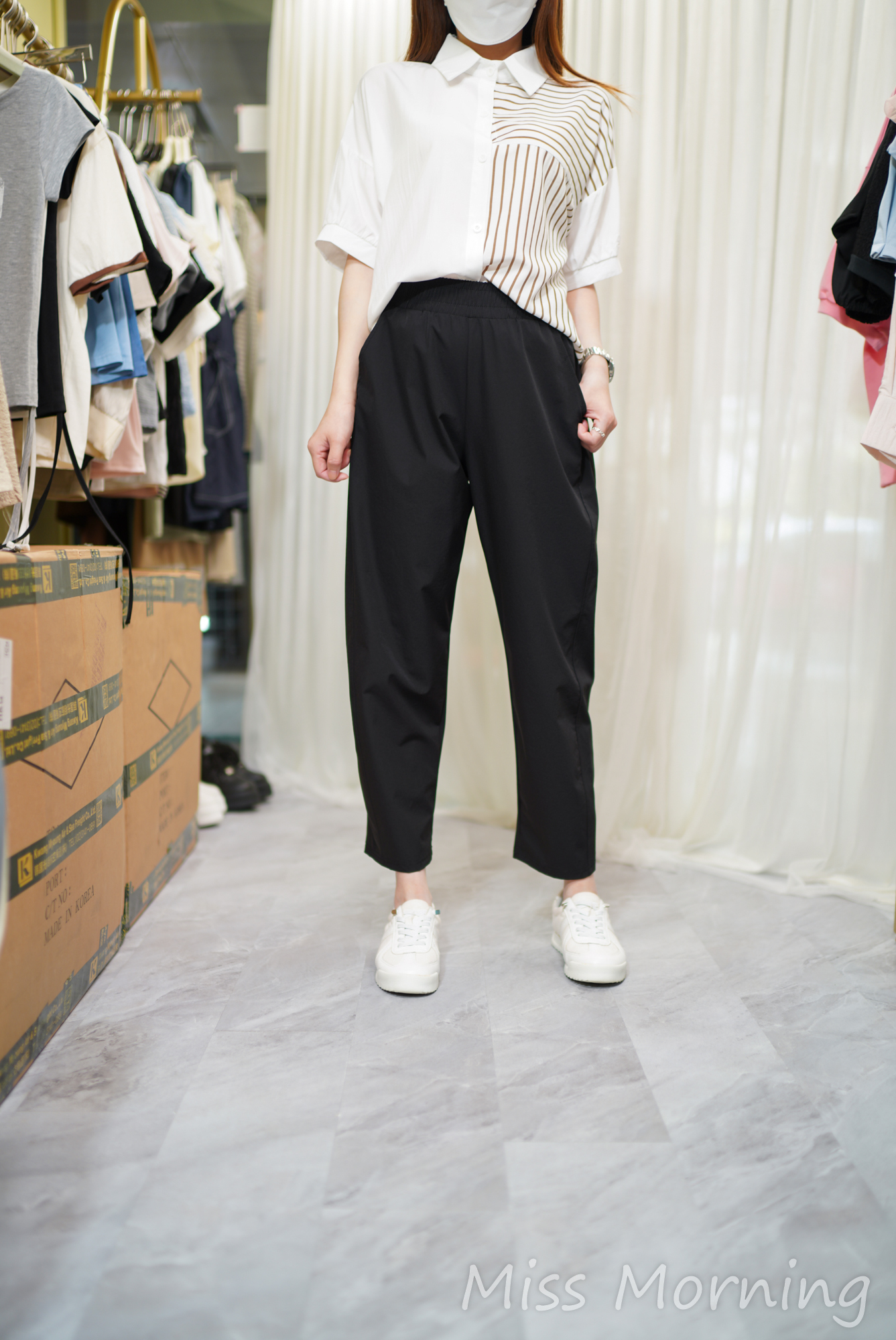 簡約拼條免燙雪紡衫(14649)