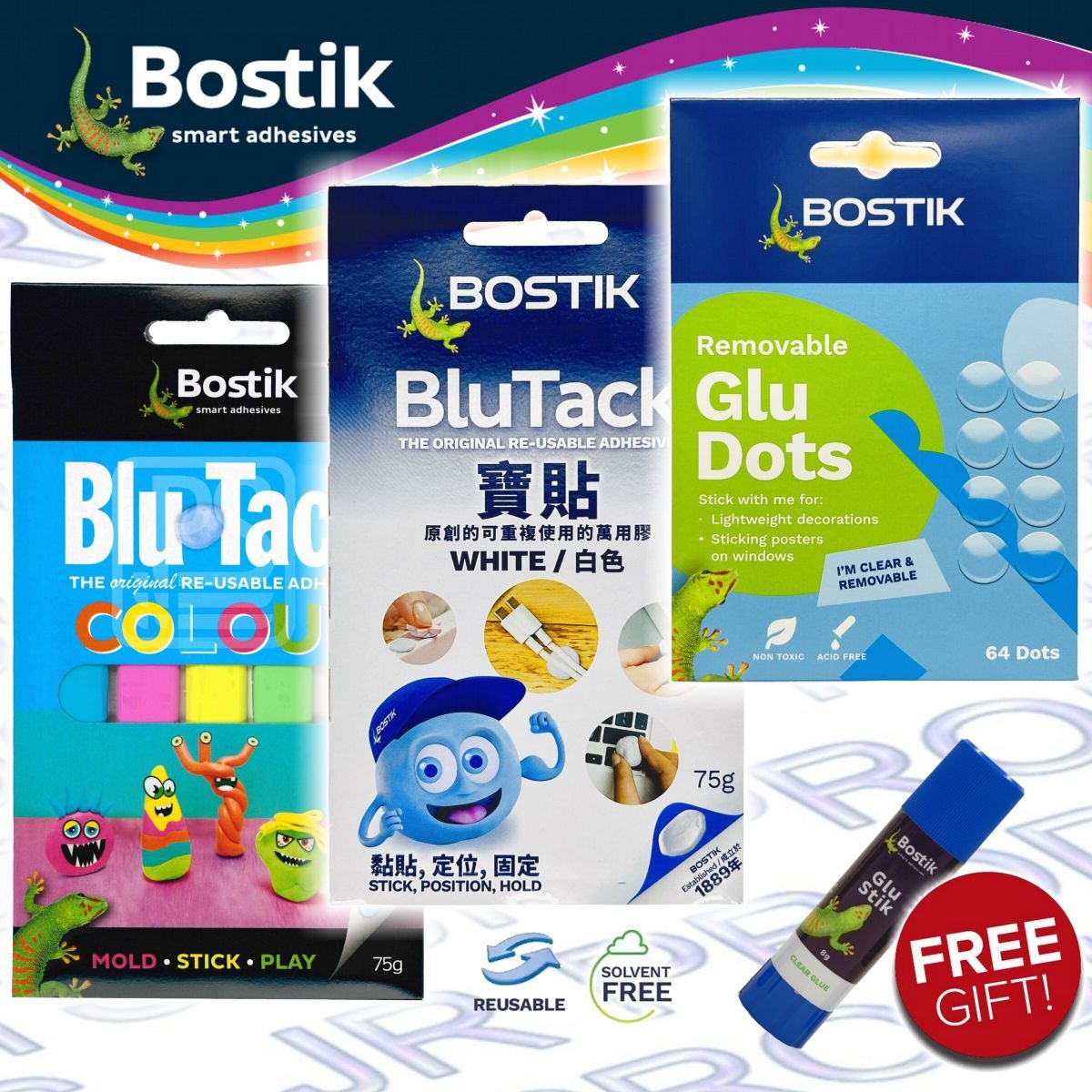 Bostik - 【新包裝】Blu Tack® 透明膠點 + 白+彩寶貼《優惠套裝》加送 槳糊筆 (8克)《香港行貨》