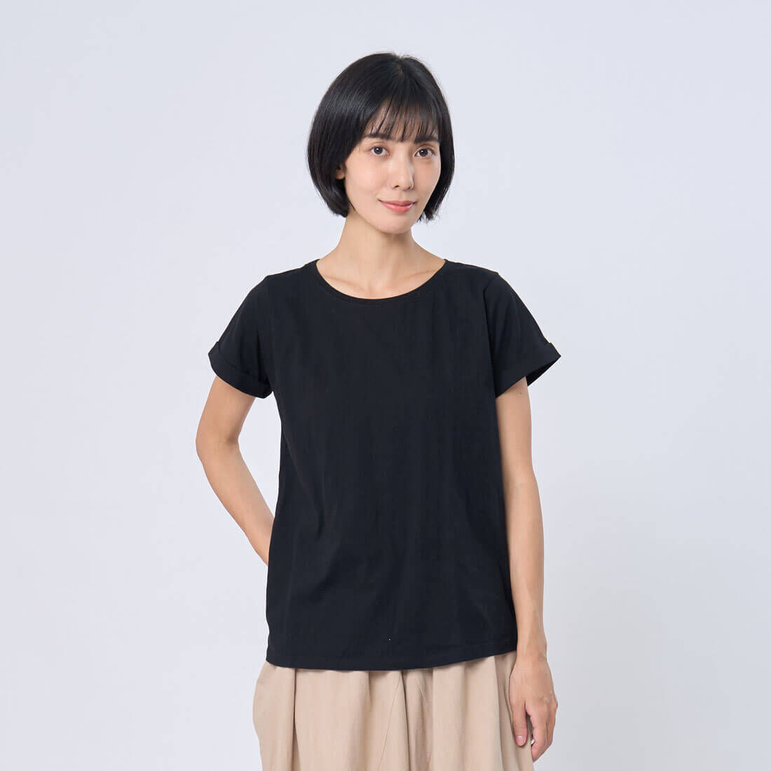 素面小蜜桃寬版方袖T恤/黑色