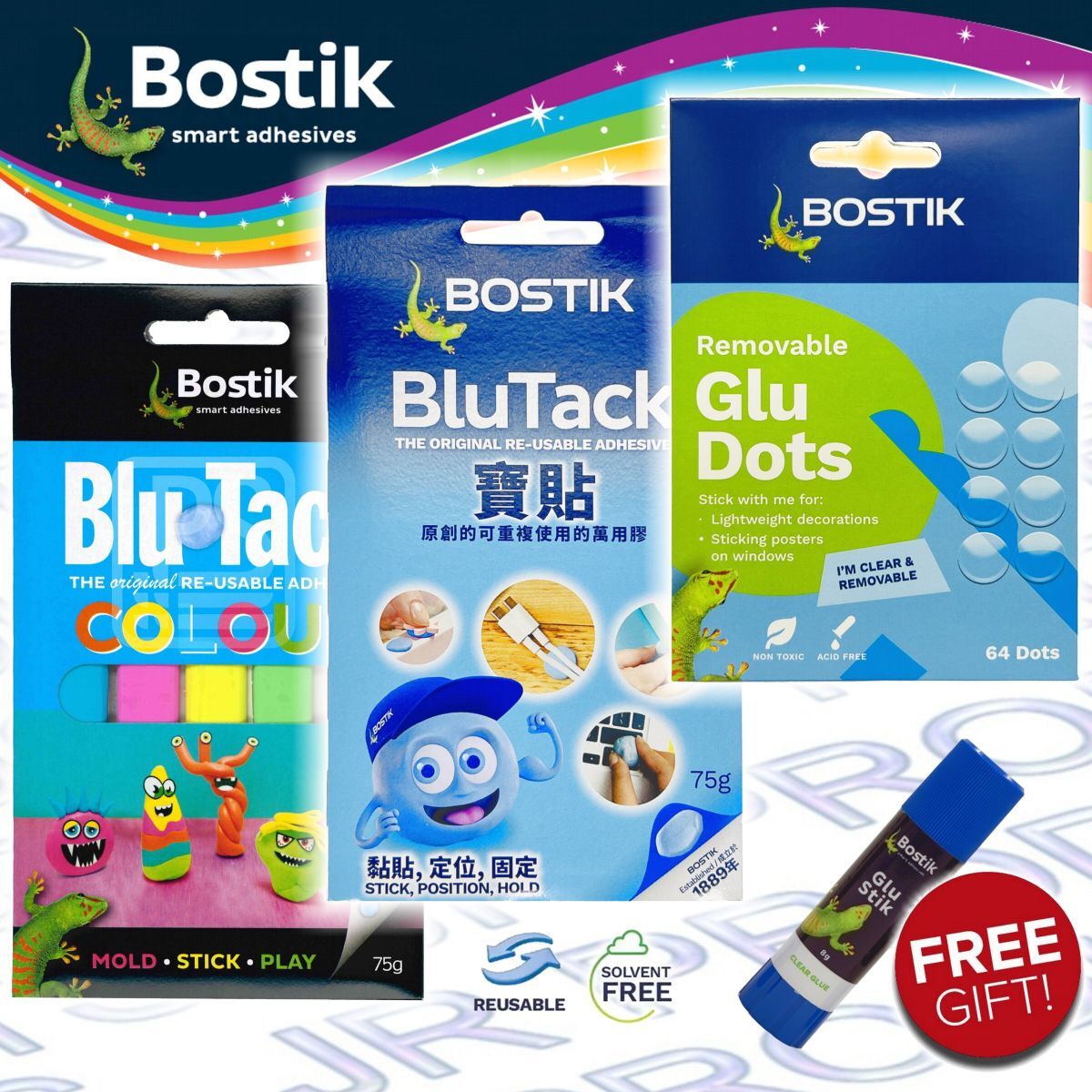 Bostik - 【新包裝】Blu Tack® 透明膠點 + 藍+彩寶貼 《優惠套裝》加送 槳糊筆 (8克)《香港行貨》