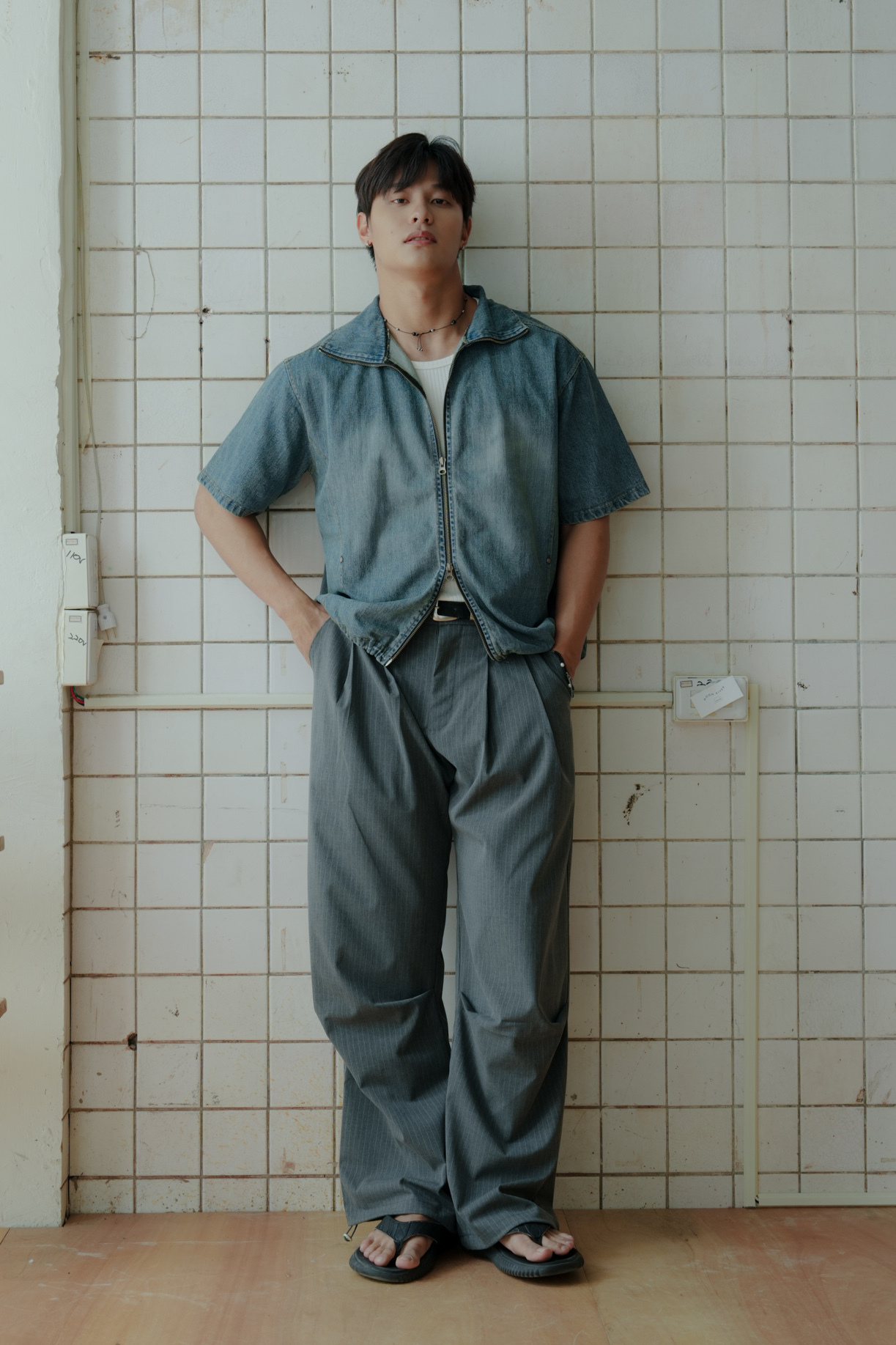 Kai Denim String Short Sleeve Zip Up #上衣