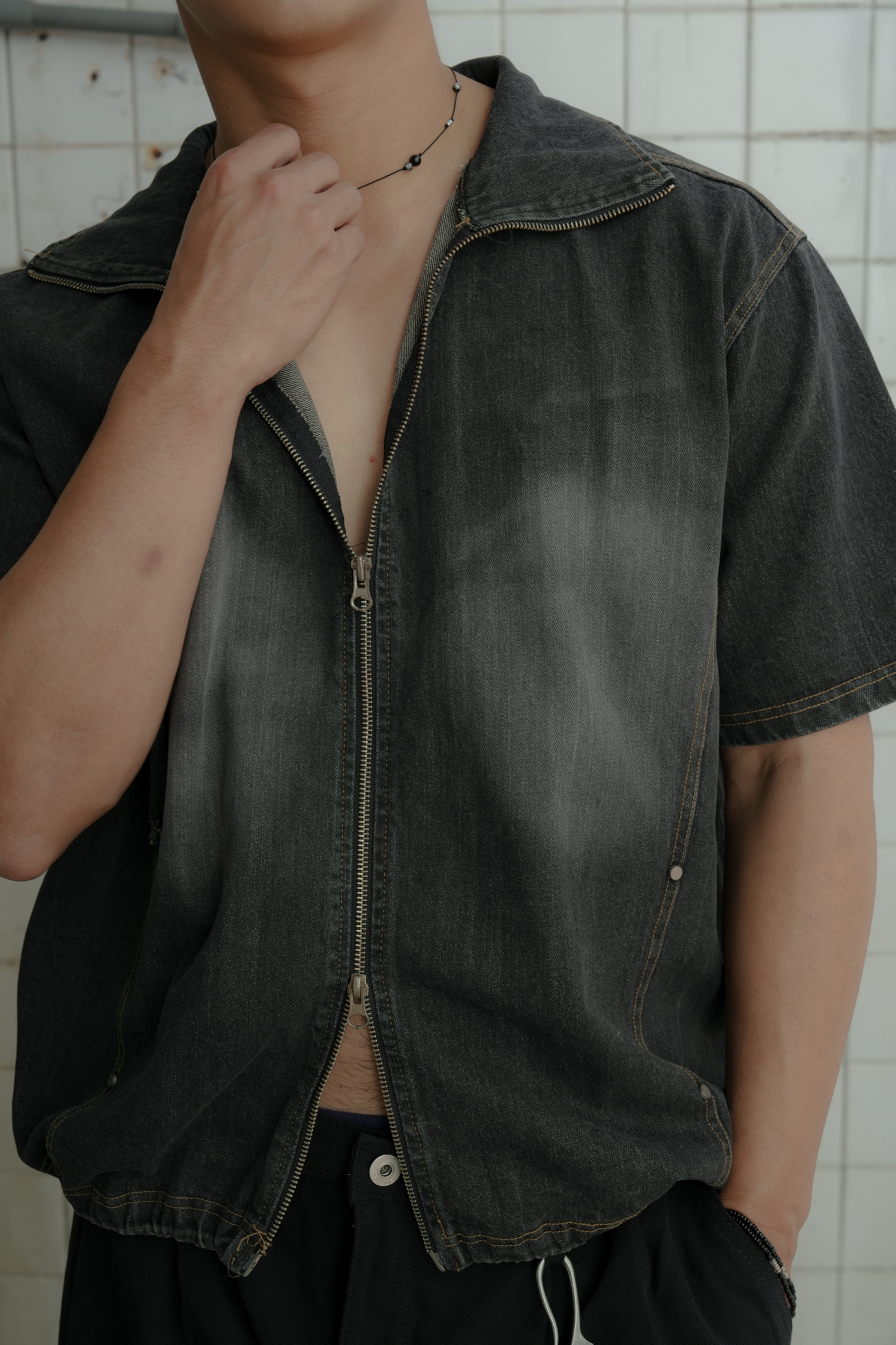 Kai Denim String Short Sleeve Zip Up #上衣