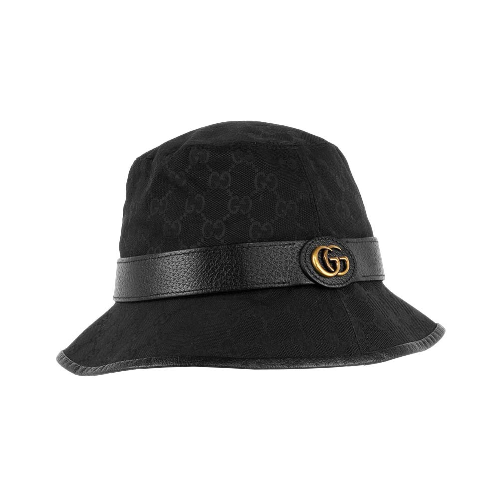 【GUCCI】GG Logo 帆布及牛皮復古漁夫帽 M號(黑色)