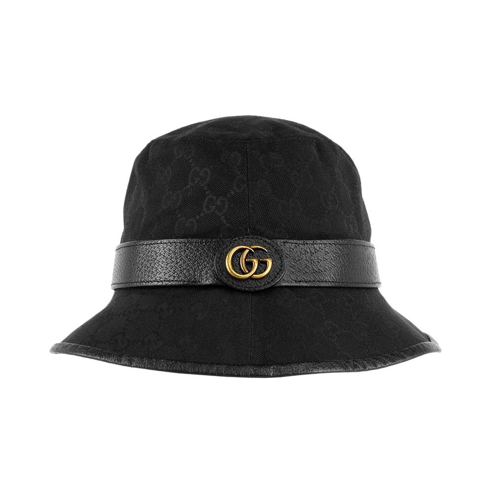 【GUCCI】GG Logo 帆布及牛皮復古漁夫帽 M號(黑色)