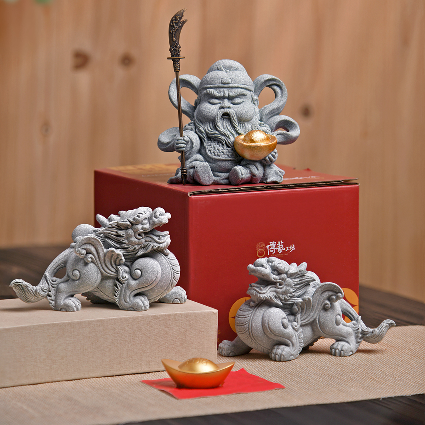 傳藝工坊- 『元寶關公+ 飛天貔貅』人氣組合送銅元寶青砂石茶寵招財武