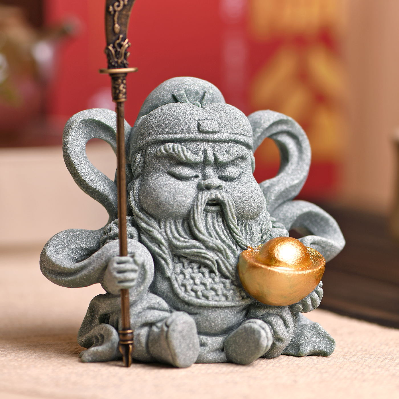 傳藝工坊- 『元寶關公+ 飛天貔貅』人氣組合送銅元寶青砂石茶寵招財武
