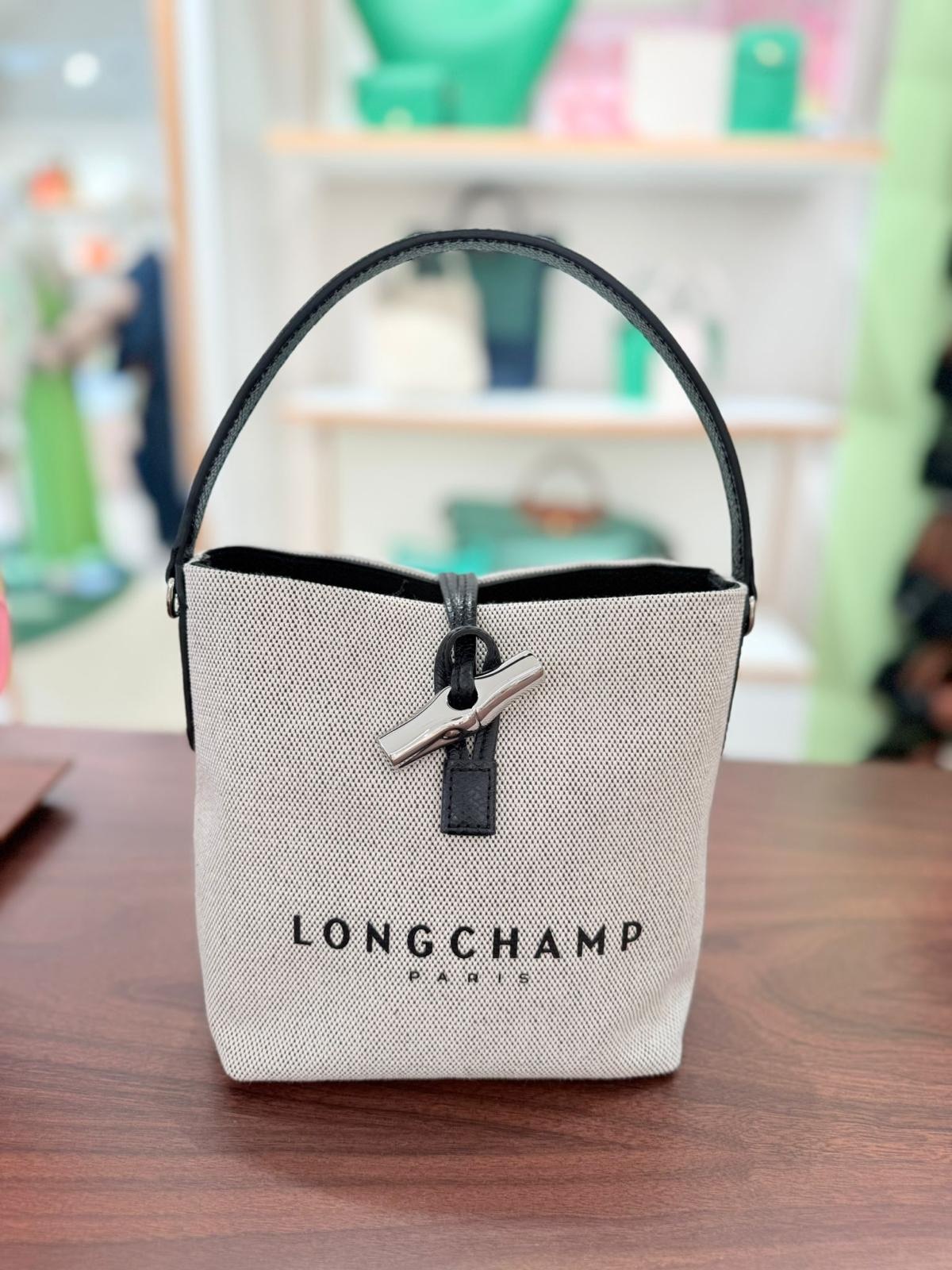 Longchamp canvas Small crossbody bucket Bag Beige Black 10159