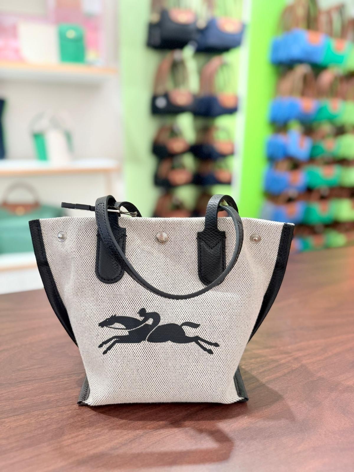 Longchamp canvas small Tote Bag Beige Black 10194