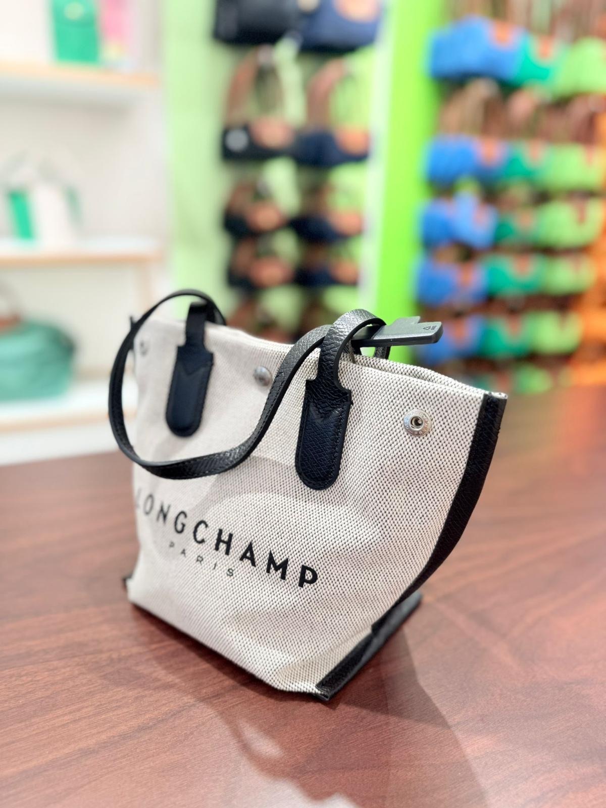 Longchamp canvas small Tote Bag Beige Black 10194