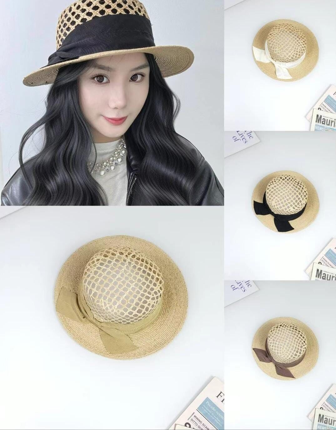 TH4405 法式鏤空蝴蝶結帶草帽