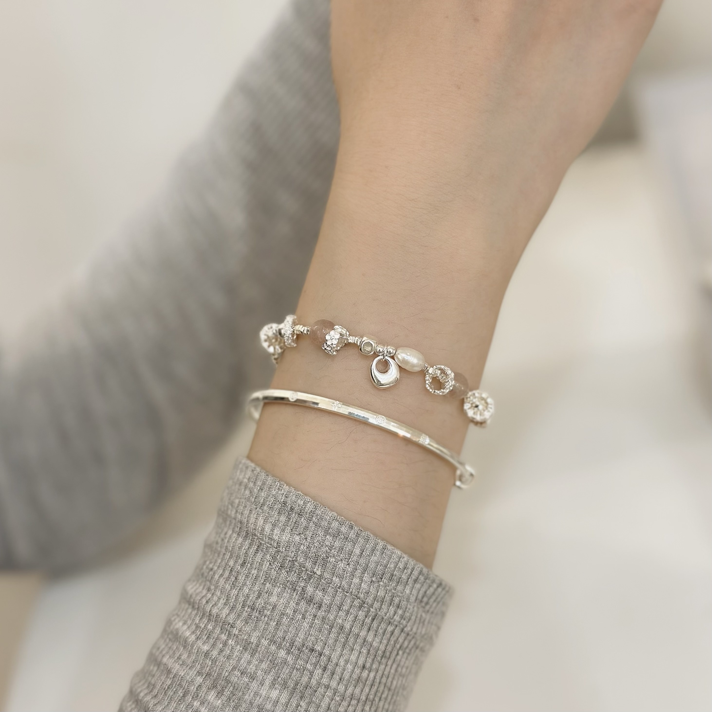 F91碎銀水晶花環珍珠純銀手鍊